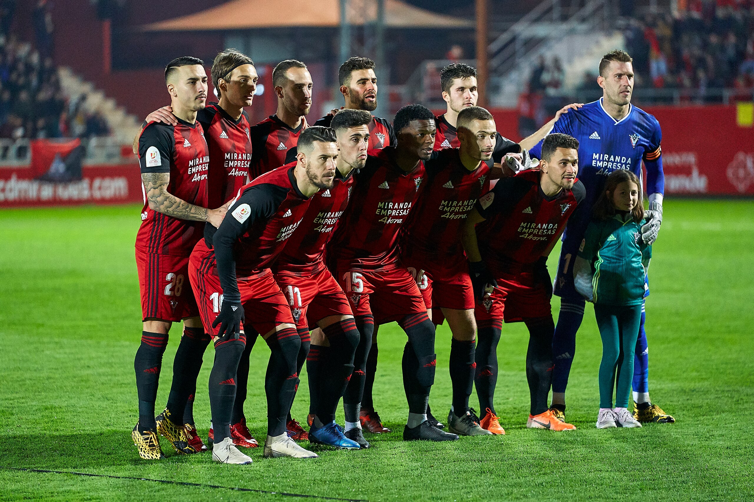 MIRANDA DE EBRO, SPAIN - FEBRUARY 05: Players of CD Mirandes poses on team's line up prior to the Copa del Rey Quarter Final match between CD Mirandes and Villarreal CF at Estadio de Anduva on February 05, 2020 in Miranda de Ebro, Spain. (Photo by Quality