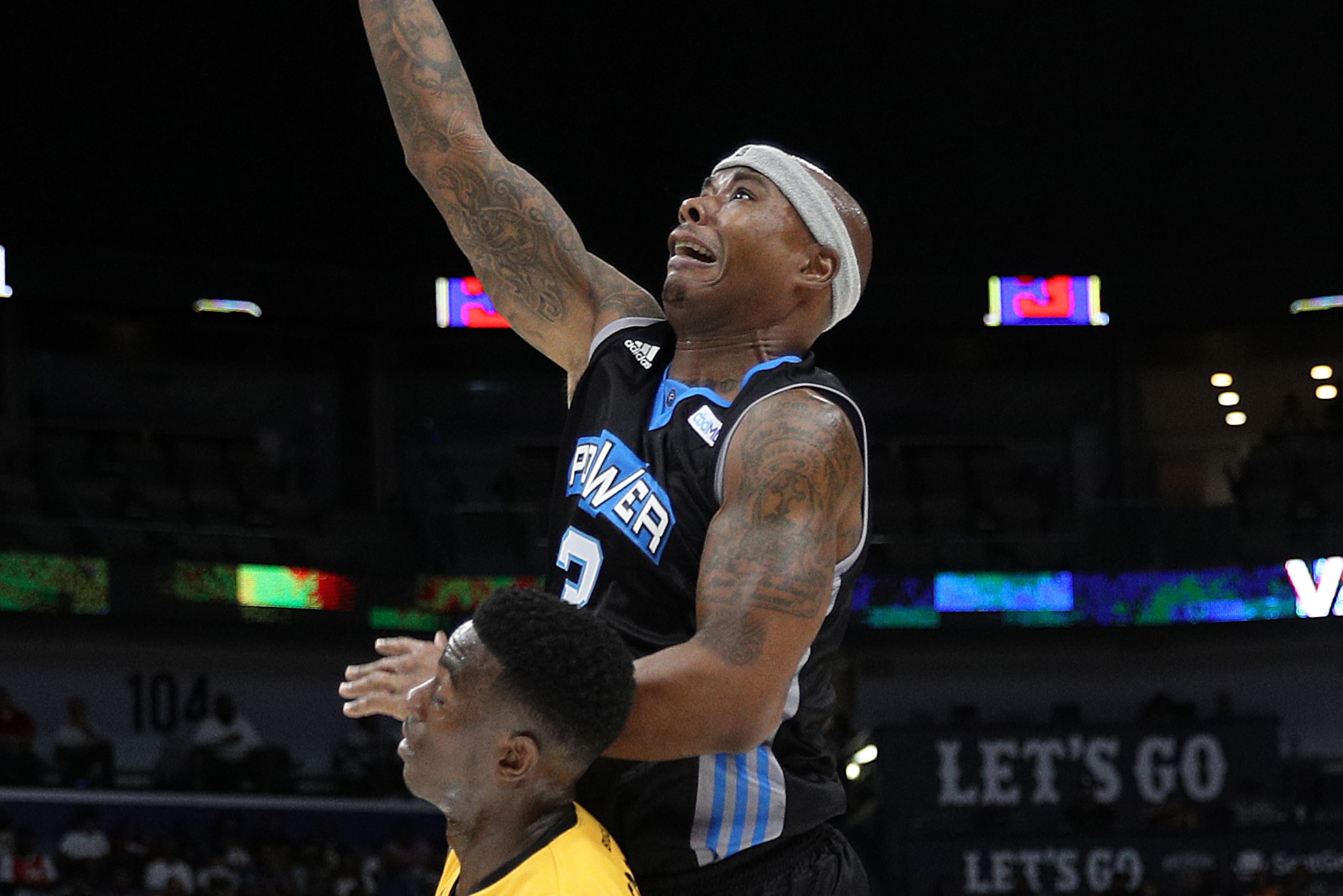 NEW ORLEANS, LOUISIANA - AUGUST 25: Quentin Richardson #3 of the Power shoots the ball over Franklin Session #6 of the Killer 3s during the BIG3 Playoffs at Smoothie King Center on August 25, 2019 in New Orleans, Louisiana. (Photo by Chris Graythen/BIG3 v
