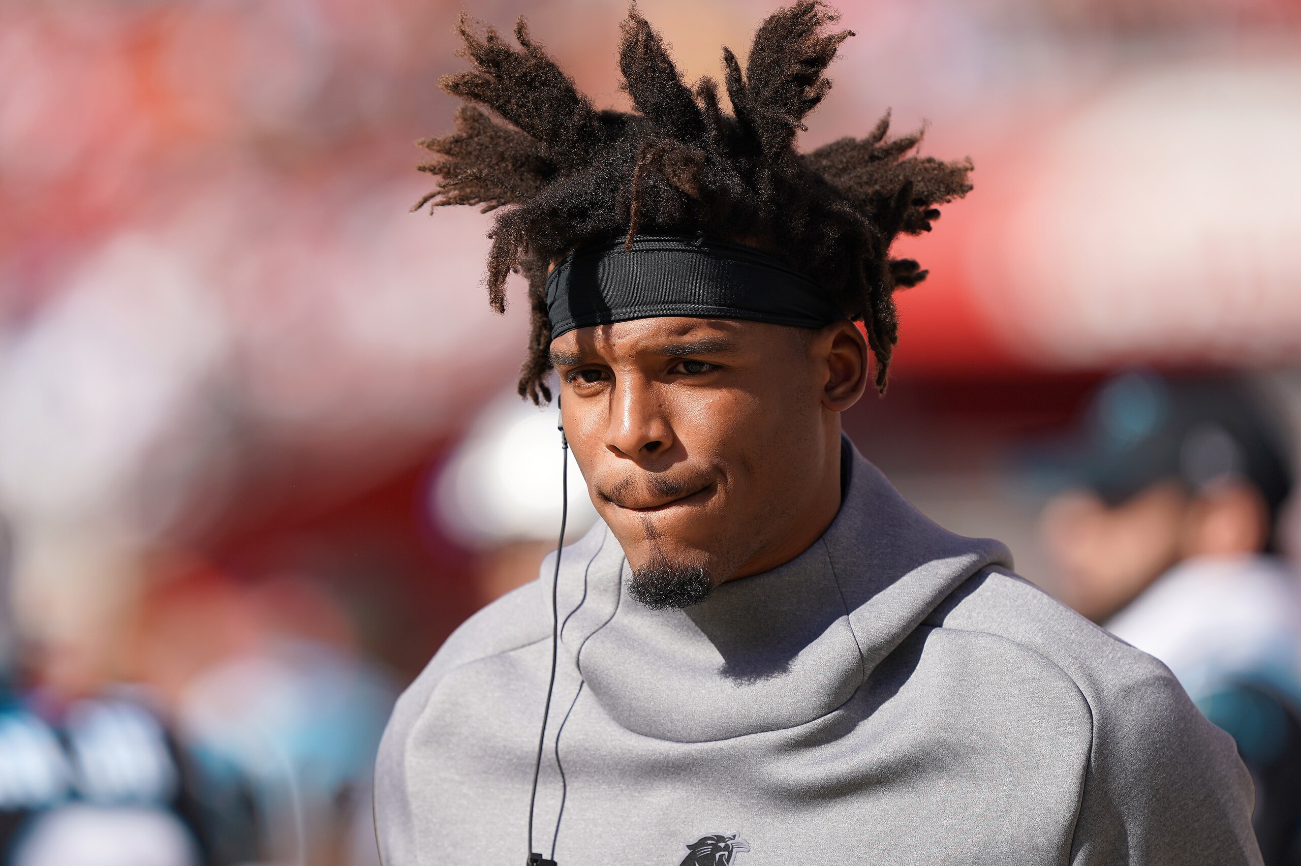 SANTA CLARA, CALIFORNIA - OCTOBER 27: Cam Newton #1 of the Carolina Panthers looks on from the sidelines against the San Francisco 49ers during an NFL football game at Levi's Stadium on October 27, 2019 in Santa Clara, California. (Photo by Thearon W. Hen