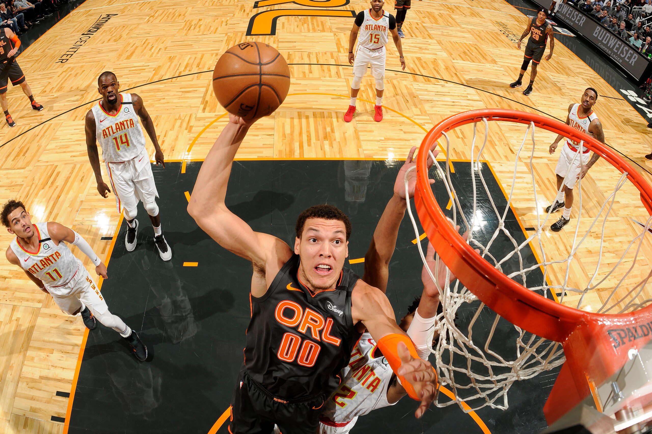 ORLANDO, FL - FEBRUARY 10: Aaron Gordon #00 of the Orlando Magic shoots the ball against the Atlanta Hawks on February 10, 2020 at Amway Center in Orlando, Florida. NOTE TO USER: User expressly acknowledges and agrees that, by downloading and or using thi