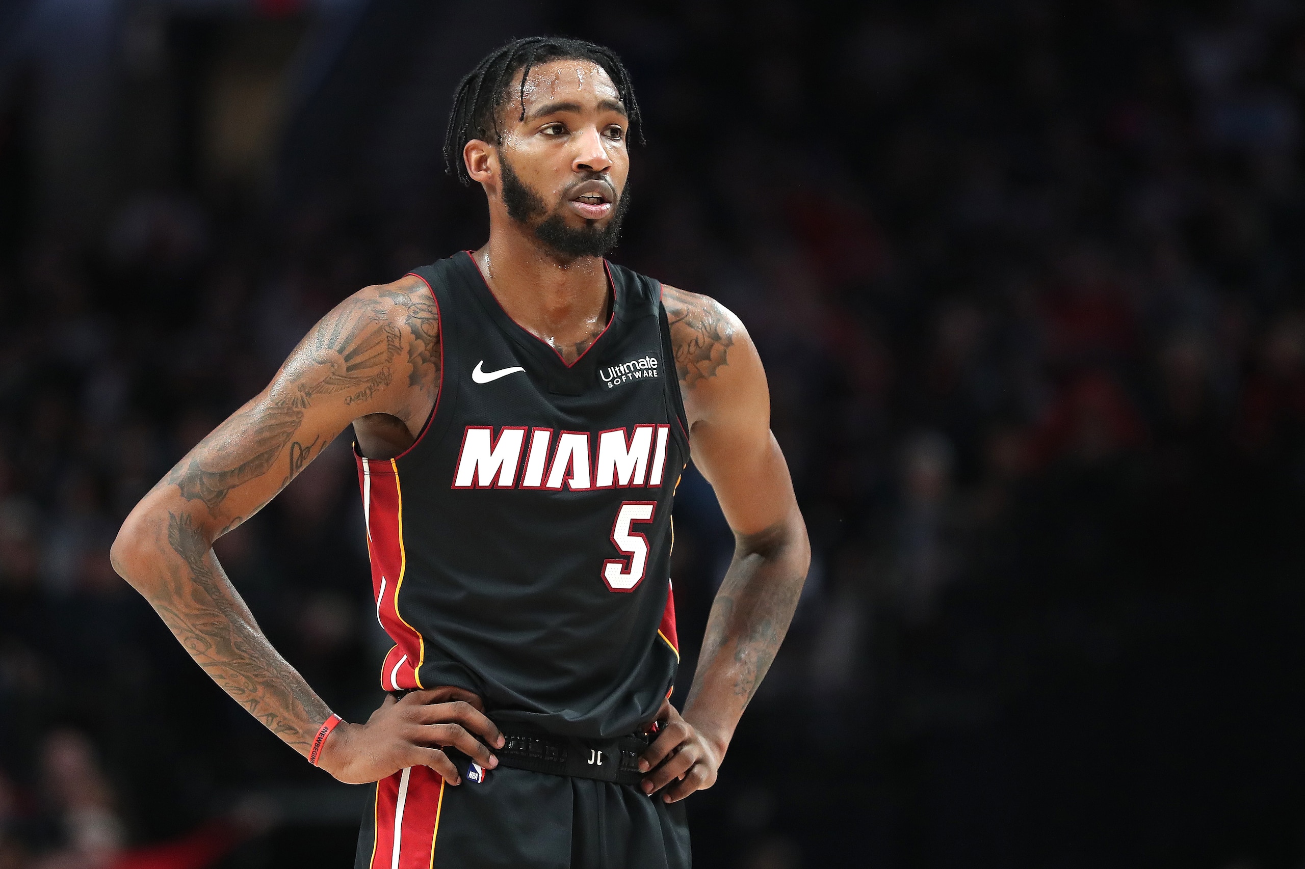 PORTLAND, OREGON - FEBRUARY 09: Derrick Jones Jr. #5 of the Miami Heat reacts in the first quarter against the Portland Trail Blazers during their game at Moda Center on February 09, 2020 in Portland, Oregon. NOTE TO USER: User expressly acknowledges and 