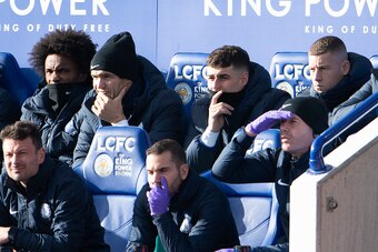 LEICESTER, ENGLAND - FEBRUARY 01: Kepa Arrizabalaga of Chelsea ( back row, second from right) sits as an unused substitute after being dropped for  the Premier League match between Leicester City and Chelsea FC at The King Power Stadium on February 01, 20
