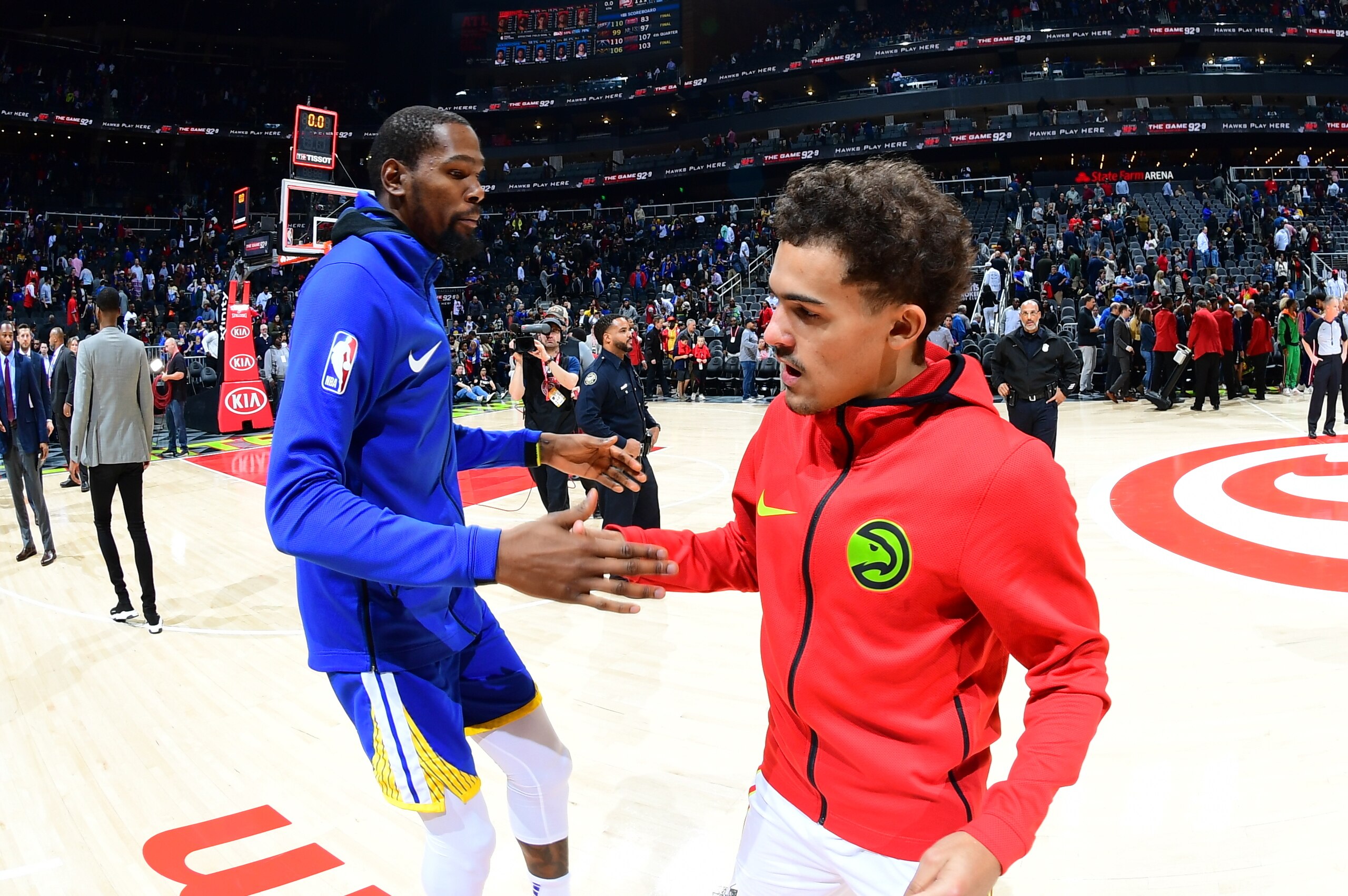 ATLANTA, GA - DECEMBER 3: Kevin Durant #35 of the Golden State Warriors shakes hands with Trae Young #11 of the Atlanta Hawks on December 3, 2018 at State Farm Arena in Atlanta, Georgia.  NOTE TO USER: User expressly acknowledges and agrees that, by downl