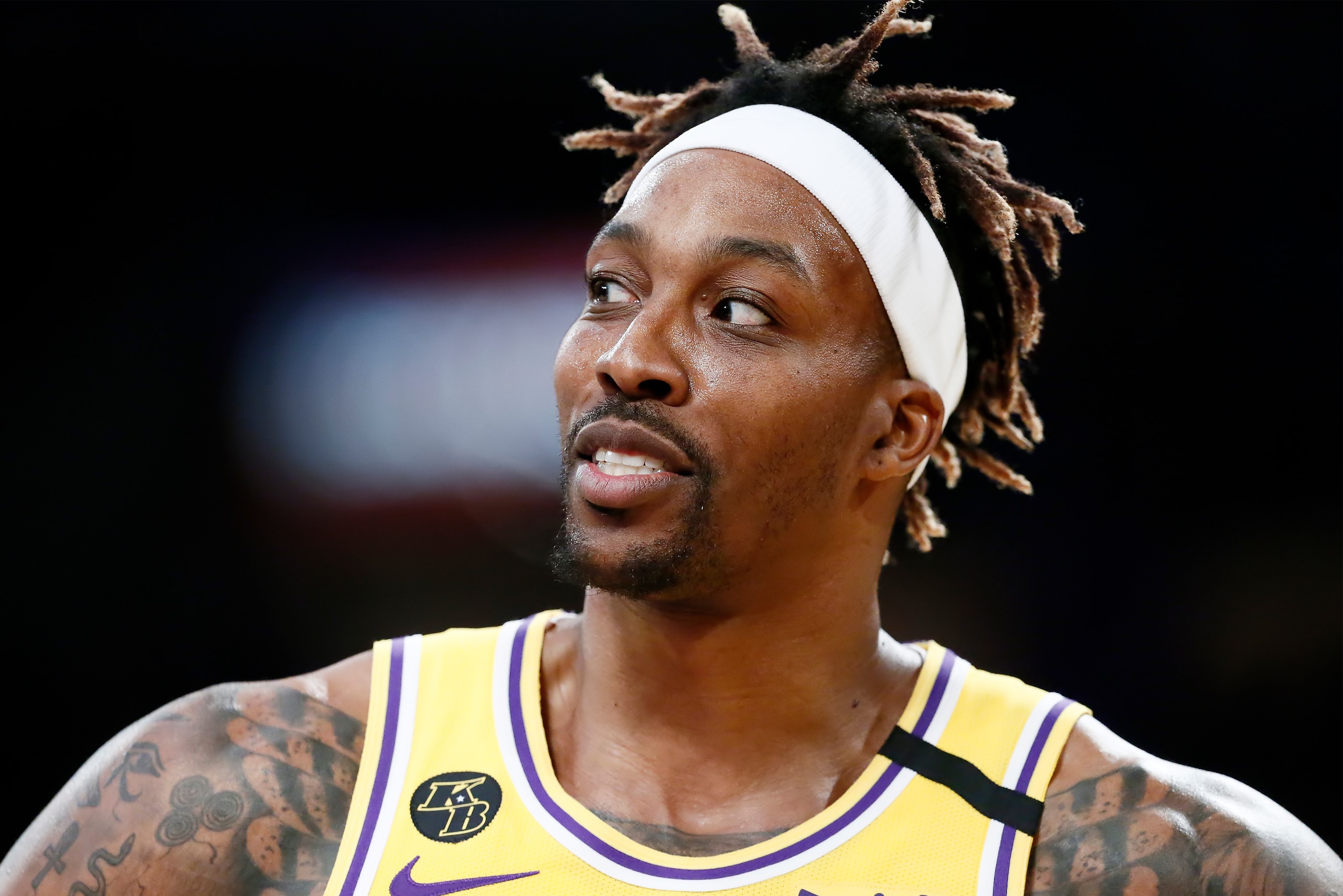 LOS ANGELES, CA - FEBRUARY 10: Dwight Howard #39 of the Los Angeles Lakers smiles and looks on against the Phoenix Suns at the Staples Center on February 10, 2020 in Los Angeles, CA. NOTE TO USER: User expressly acknowledges and agrees that, by downloadin