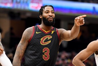 CLEVELAND, OHIO - FEBRUARY 12: Andre Drummond #3 of the Cleveland Cavaliers reacts to the Atlanta Hawks bench during the second half at Rocket Mortgage Fieldhouse on February 12, 2020 in Cleveland, Ohio. The Cavaliers defeated the Hawks 129-105. NOTE TO U