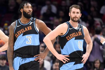 CLEVELAND, OHIO - FEBRUARY 09: Cedi Osman #16 Andre Drummond #3 and Kevin Love #0 of the Cleveland Cavaliers wait for a play during the second half against the LA Clippers at Rocket Mortgage Fieldhouse on February 09, 2020 in Cleveland, Ohio. The Clippers
