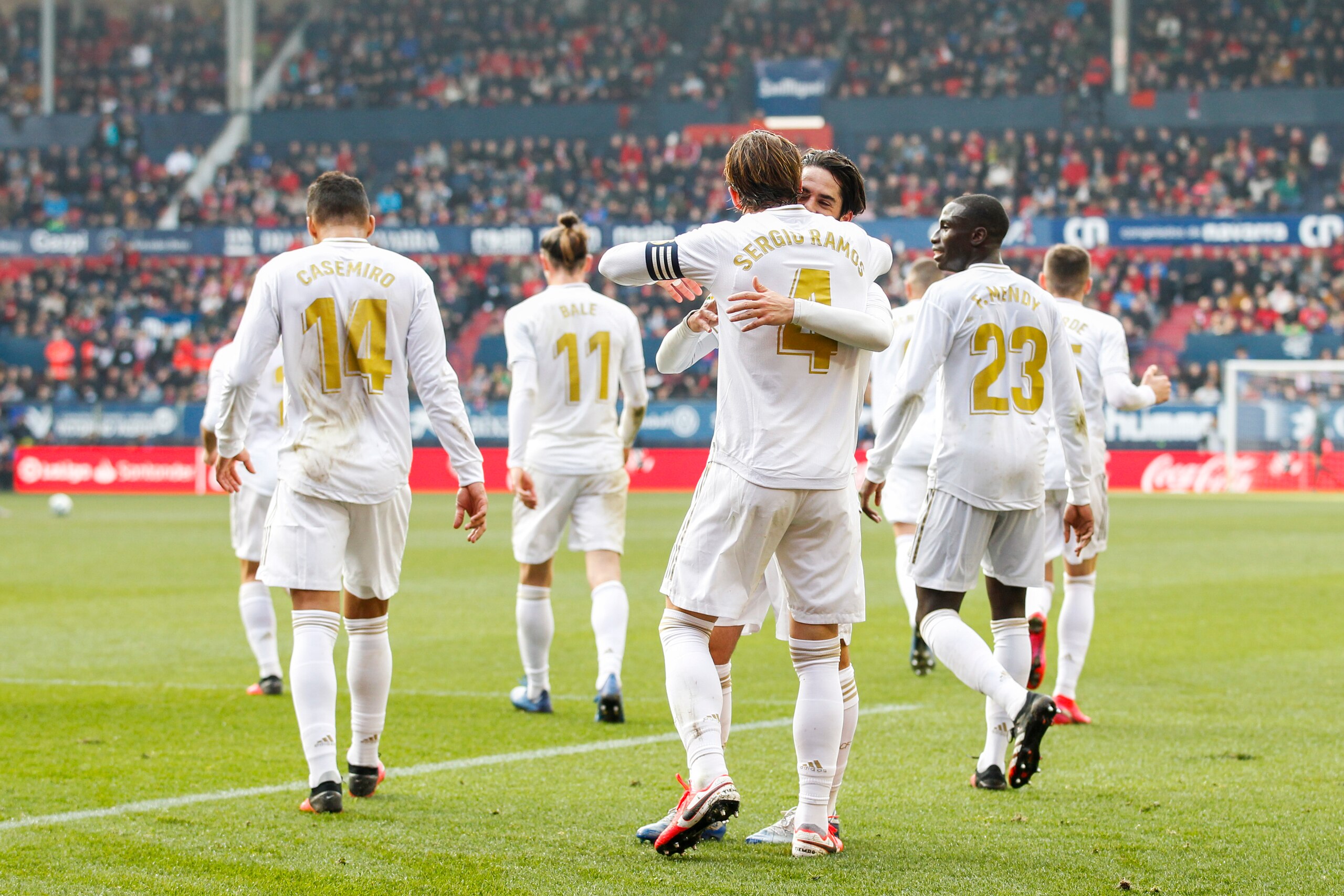 , SPAIN - FEBRUARY 9: (L-R) Casemiro of Real Madrid, Sergio Ramos of Real Madrid, Isco of Real Madrid, Mendy of Real Madrid celebrates goal 1-2 during the La Liga Santander match between Osasuna v Real Madrid on February 9, 2020 (Photo by David S. Busta , SPAIN - FEBRUARY 9: (L-R) Casemiro of Real Madrid, Sergio Ramos of Real Madrid, Isco of Real Madrid, Mendy of Real Madrid celebrates goal 1-2 during the La Liga Santander match between Osasuna v Real Madrid on February 9, 2020 (Photo by David S. Busta