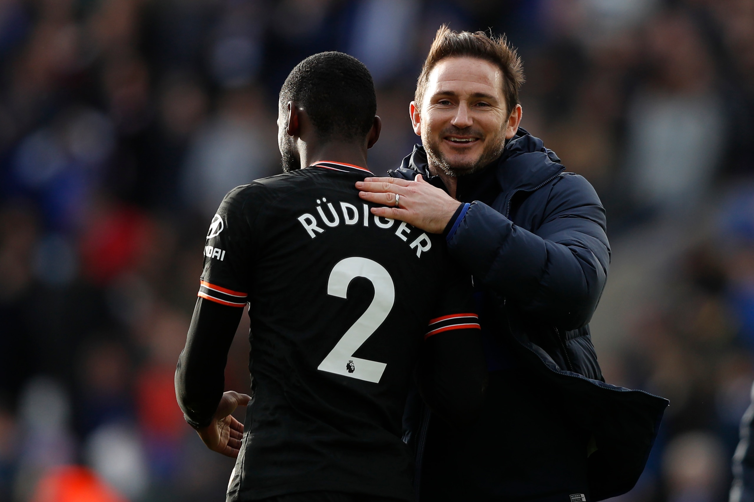 Chelsea's German defender Antonio Rudiger (L) and Chelsea's English head coach Frank Lampard react at the final whistle during the English Premier League football match between Leicester City and Chelsea at King Power Stadium in Leicester, centralEngland Chelsea's German defender Antonio Rudiger (L) and Chelsea's English head coach Frank Lampard react at the final whistle during the English Premier League football match between Leicester City and Chelsea at King Power Stadium in Leicester, centralEngland