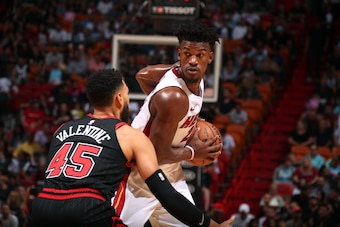 MIAMI, FL - DECEMBER 8: Jimmy Butler #22 of the Miami Heat handles the ball against the Chicago Bulls on December 8, 2019 at American Airlines Arena in Miami, Florida. NOTE TO USER: User expressly acknowledges and agrees that, by downloading and or using 