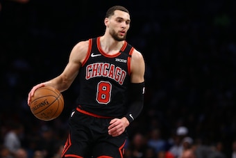 NEW YORK, NEW YORK - JANUARY 31:  Zach LaVine #8 of the Chicago Bulls in action against the Brooklyn Nets at Barclays Center on January 31, 2020 in New York City. NOTE TO USER: User expressly acknowledges and agrees that, by downloading and or using this 