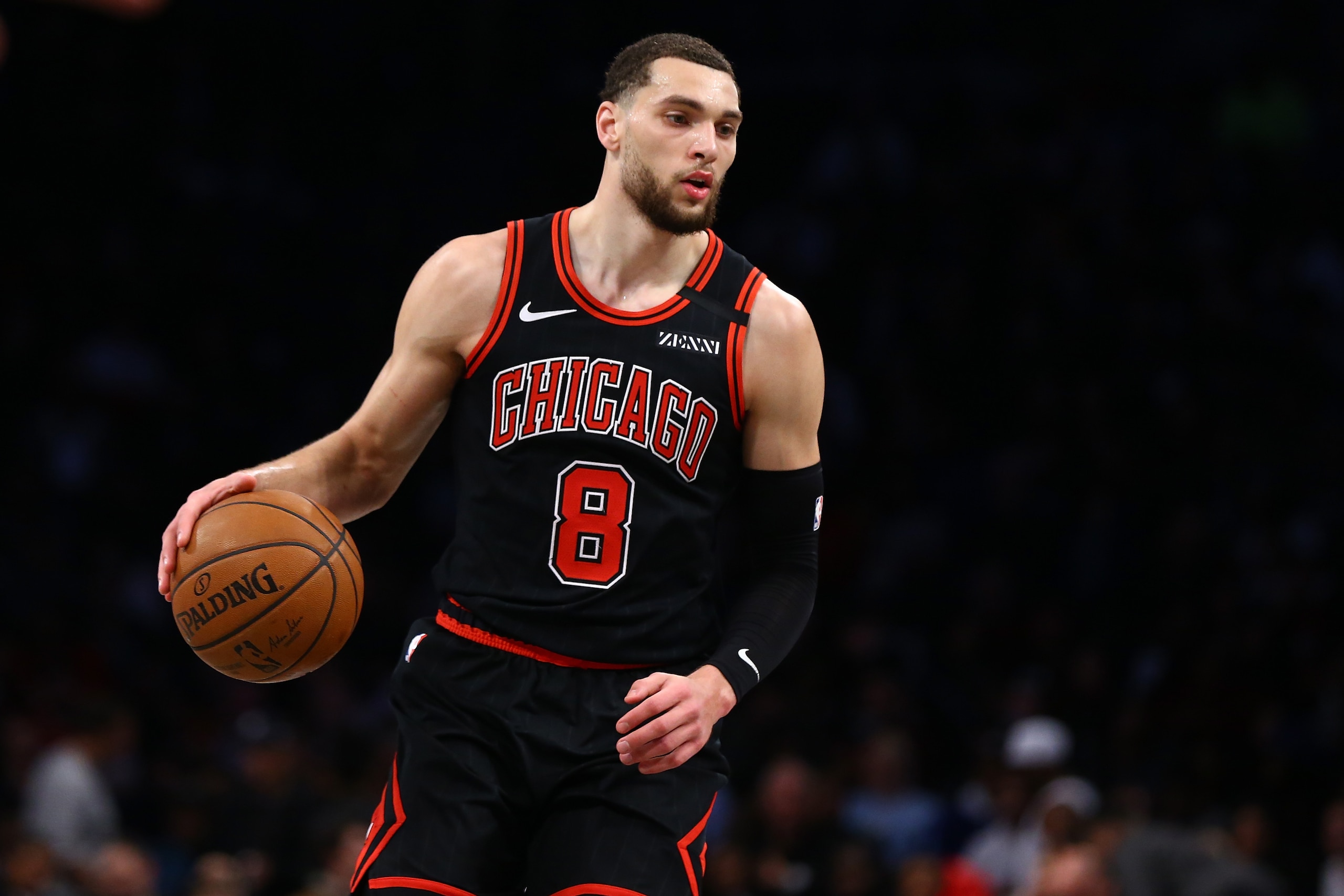 NEW YORK, NEW YORK - JANUARY 31:  Zach LaVine #8 of the Chicago Bulls in action against the Brooklyn Nets at Barclays Center on January 31, 2020 in New York City. NOTE TO USER: User expressly acknowledges and agrees that, by downloading and or using this 