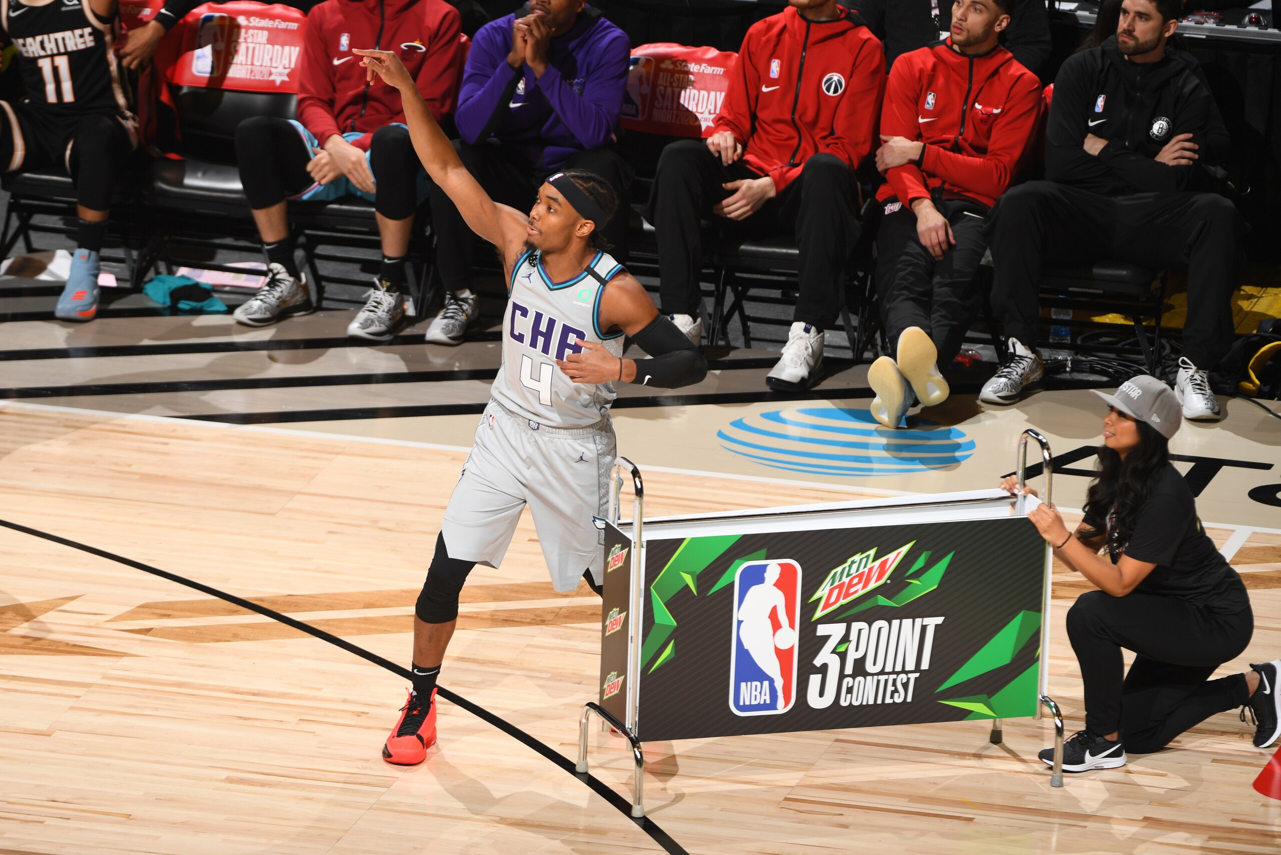 CHICAGO, IL - FEBRUARY 15: Devonte' Graham #4 of the Charlotte Hornets shoots the ball during the 2020 NBA All-Star - MTN DEW 3-Point Contest on February 15, 2020 at the United Center in Chicago, Illinois. NOTE TO USER: User expressly acknowledges and agr