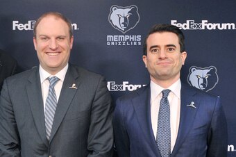 MEMPHIS, TN - JUNE 12: Tayshaun Prince, Taylor Jenkins, and Zach Kleiman of the Memphis Grizzlies pose for a photo during a press conference on June 12, 2019 at FedEx Forum in Memphis, Tennessee. NOTE TO USER: User expressly acknowledges and agrees that, 