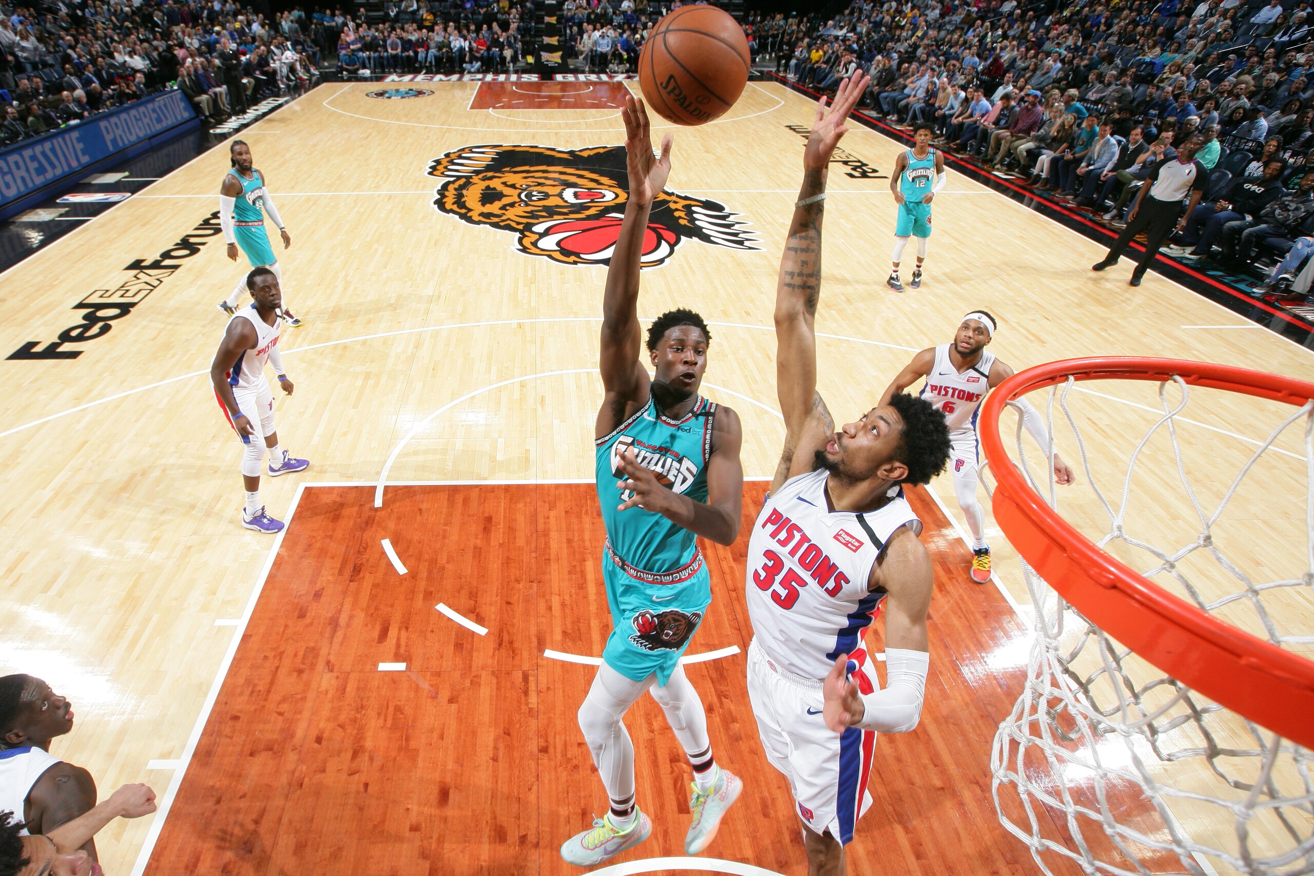 MEMPHIS, TN - FEBRUARY 3: Jaren Jackson Jr. #13 of the Memphis Grizzlies shoots the ball against the Detroit Pistons on February 3, 2020 at FedExForum in Memphis, Tennessee. NOTE TO USER: User expressly acknowledges and agrees that, by downloading and or 