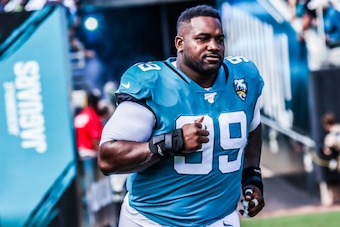 JACKSONVILLE, FLORIDA - OCTOBER 13: Marcell Dareus #99 of the Jacksonville Jaguars runs onto the field to face the New Orleans Saints at TIAA Bank Field on October 13, 2019 in Jacksonville, Florida. (Photo by Harry Aaron/Getty Images)