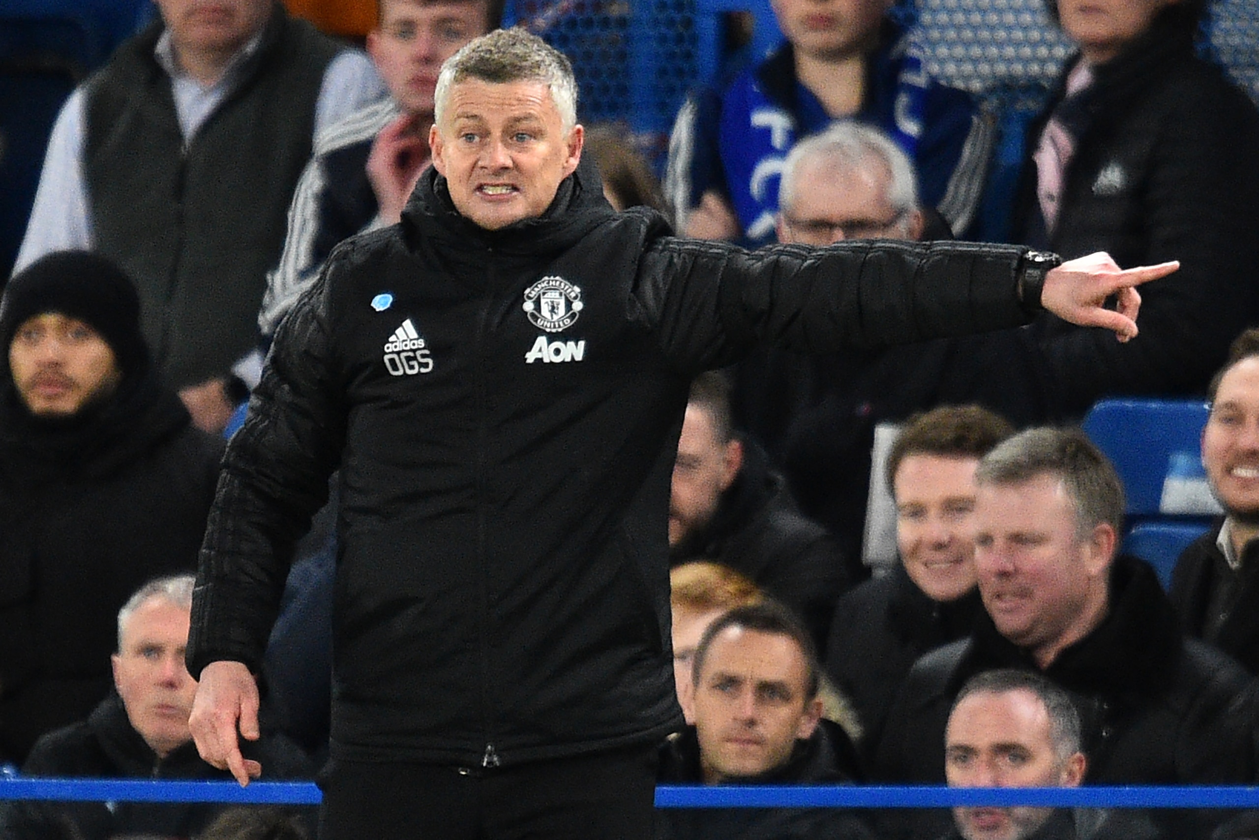 Manchester United's Norwegian manager Ole Gunnar Solskjaer gestures on the touchline during the English Premier League football match between Chelsea and Manchester United at Stamford Bridge in London on February 17, 2020. - Manchester United won the game