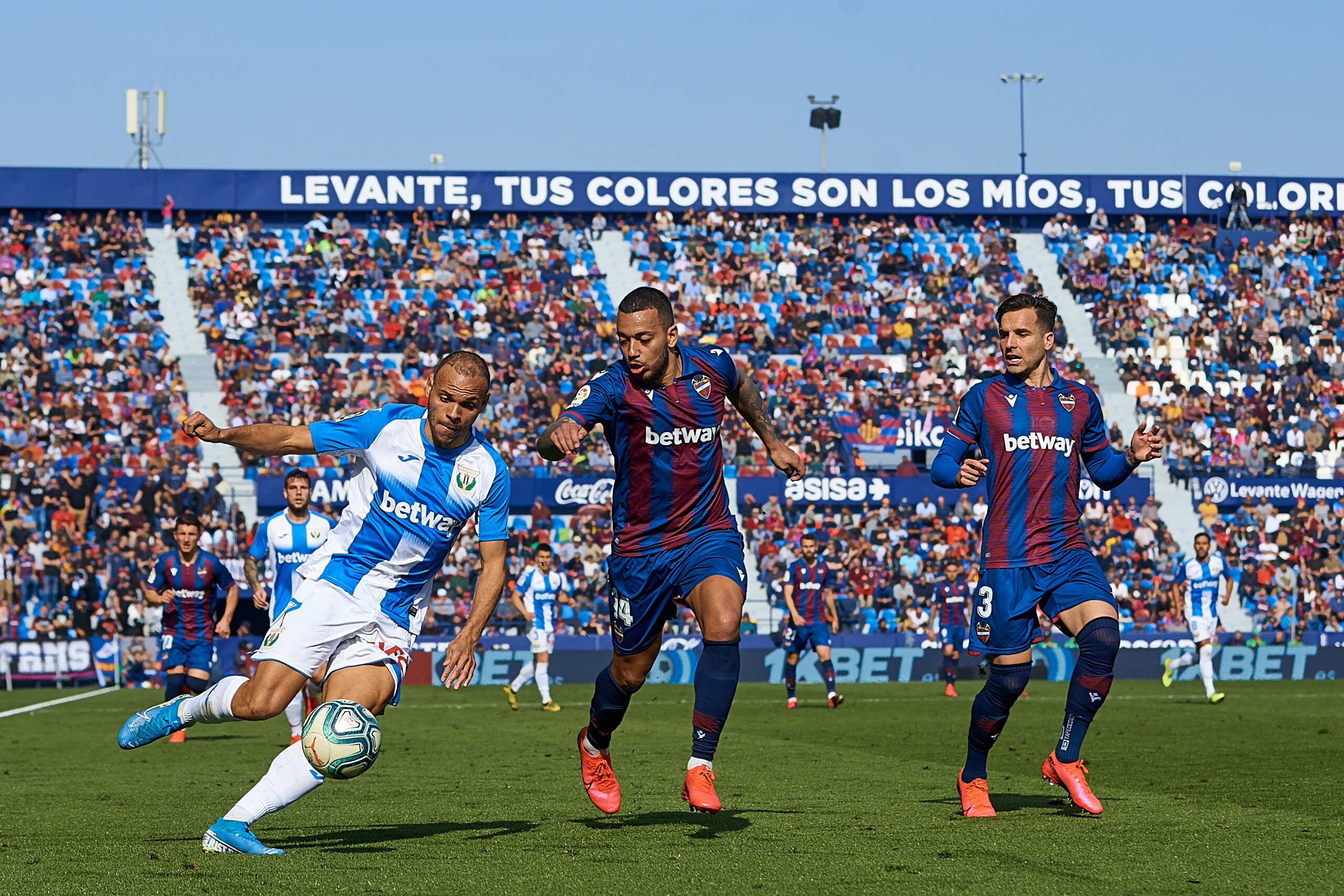 VALENCIA, SPAIN - FEBRUARY 08: Martin Braithwaite Christensen (L) of CD Leganes competes for the ball with Ruben Vezo of Levante UD during the Liga match between Levante UD and CD Leganes at Ciutat de Valencia on February 8, 2020 in Valencia, Spain. (Phot