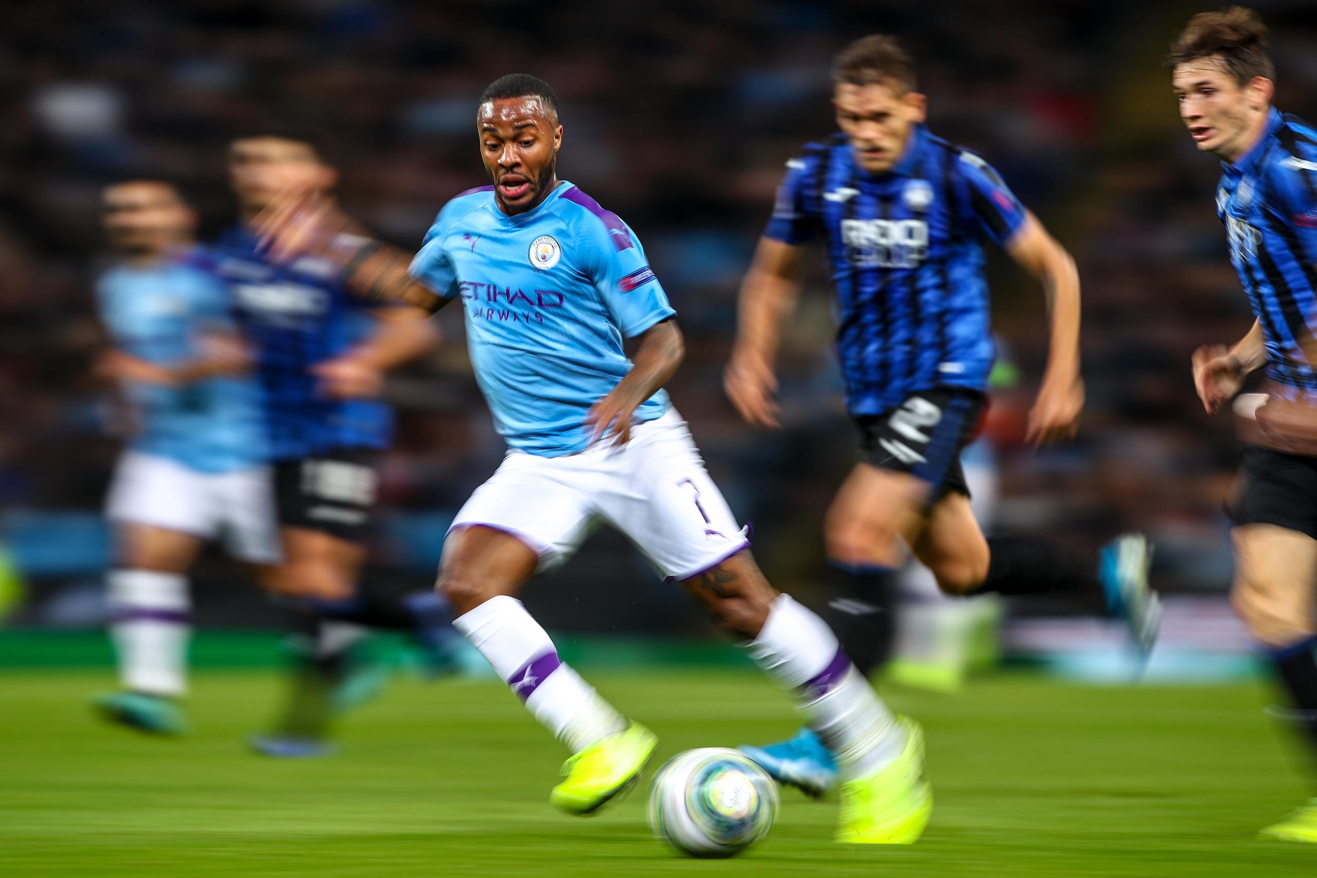 MANCHESTER, ENGLAND - OCTOBER 22: An artistic view of Raheem Sterling of Manchester City during the UEFA Champions League group C match between Manchester City and Atalanta at Etihad Stadium on October 22, 2019 in Manchester, United Kingdom. (Photo by Rob