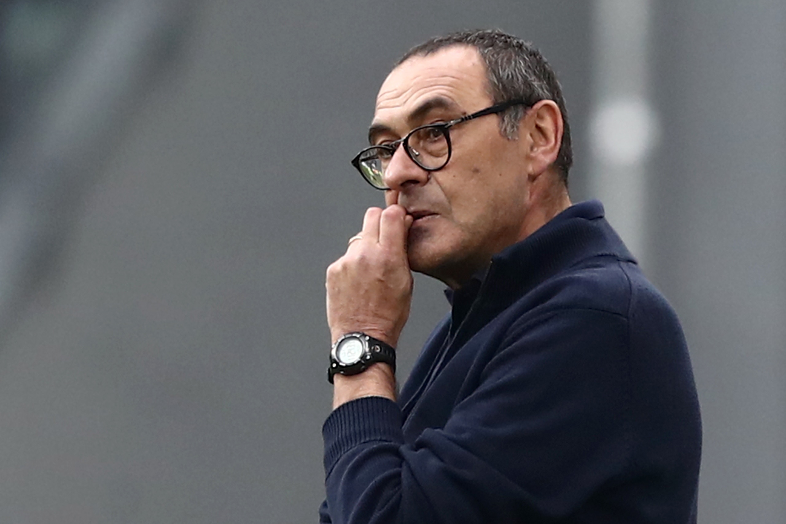 Juventus' Italian coach Maurizio Sarri looks on during the Italian Serie A football match Juventus vs Brescia on February 16, 2020 at the Juventus stadium in Turin. (Photo by Isabella BONOTTO / AFP) (Photo by ISABELLA BONOTTO/AFP via Getty Images)