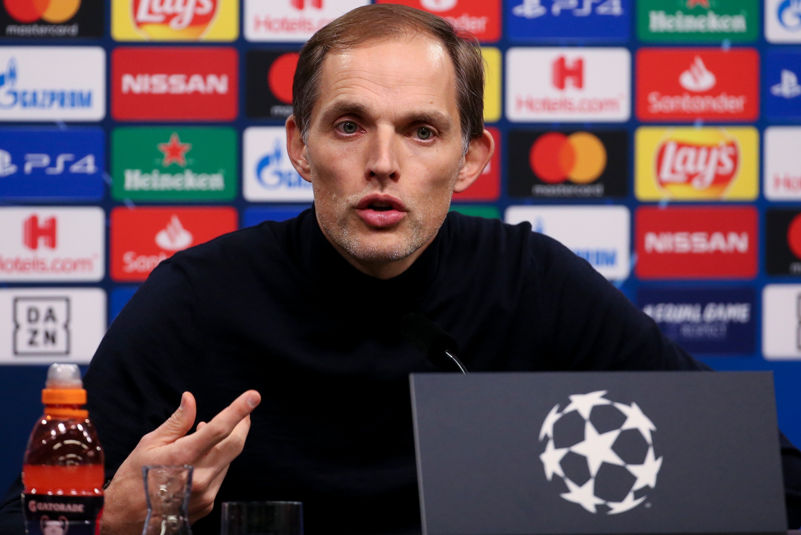 DORTMUND, GERMANY - FEBRUARY 18: Coach of PSG Thomas Tuchel answers to the media during the post-match press conference following the UEFA Champions League round of 16 first leg match between Borussia Dortmund and Paris Saint-Germain (PSG) at Signal Iduna