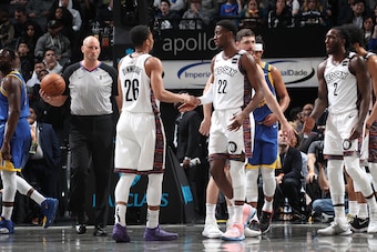NEW YORK, NY - FEBRUARY 5: Spencer Dinwiddie #26 of the Brooklyn Nets high-fives Caris LeVert #22 of the Brooklyn Nets against the Golden State Warriors on February 5, 2020 at Madison Square Garden in New York City, New York.  NOTE TO USER: User expressly