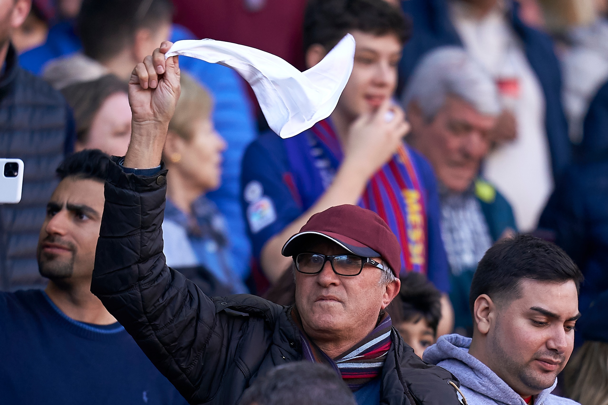 BARCELONA, SPAIN - FEBRUARY 22: Fans of FC Barcelona showing their disappointment with Josep Maria Bartomeu, president of FC Barcelona prior to the Liga match between FC Barcelona and SD Eibar SAD at Camp Nou on February 22, 2020 in Barcelona, Spain. (Pho