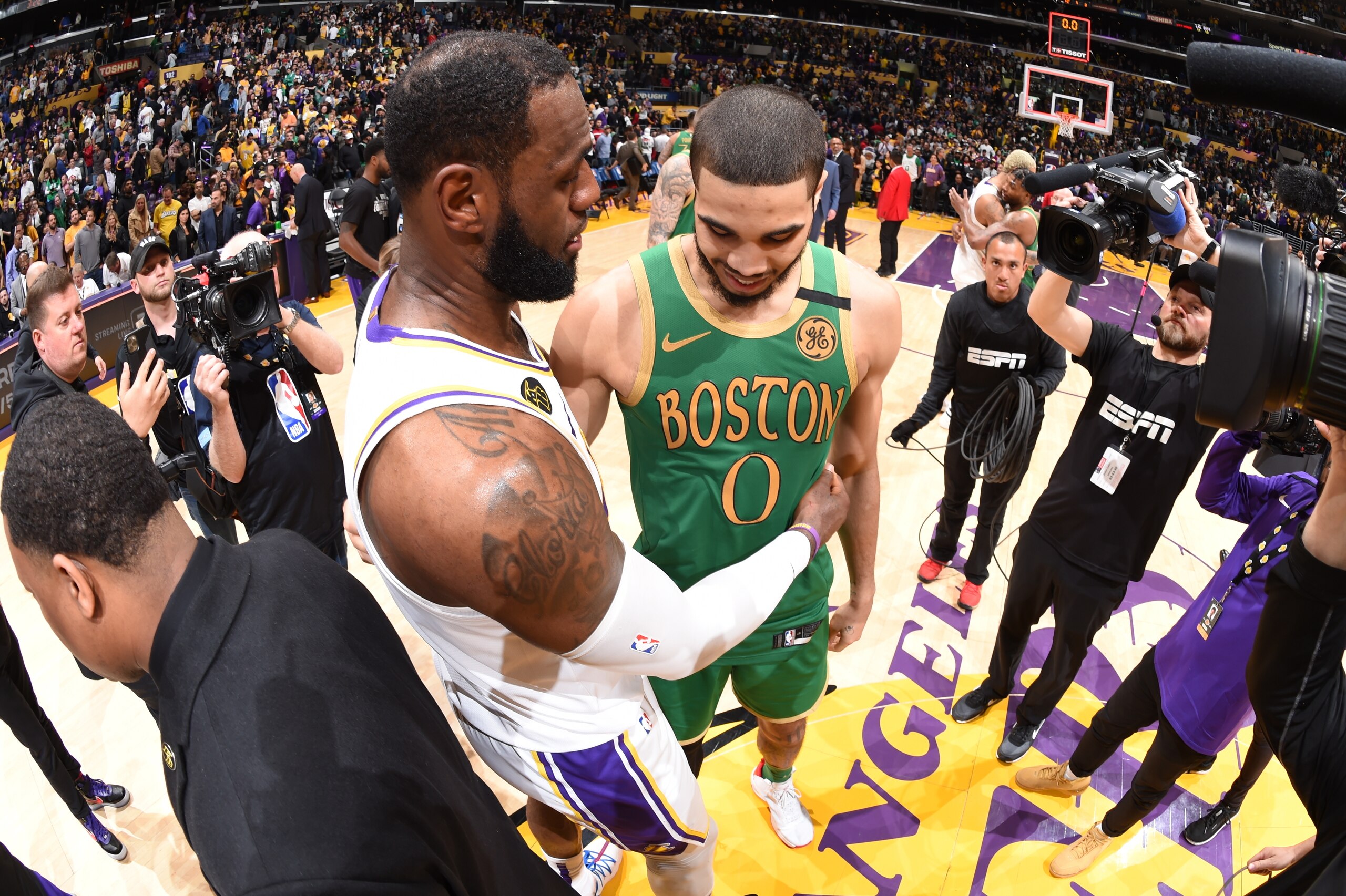 LOS ANGELES, CA - FEBRUARY 23: LeBron James #23 of the Los Angeles Lakers talks to Jayson Tatum #0 of the Boston Celtics after the game on February 23, 2020 at STAPLES Center in Los Angeles, California. NOTE TO USER: User expressly acknowledges and agrees
