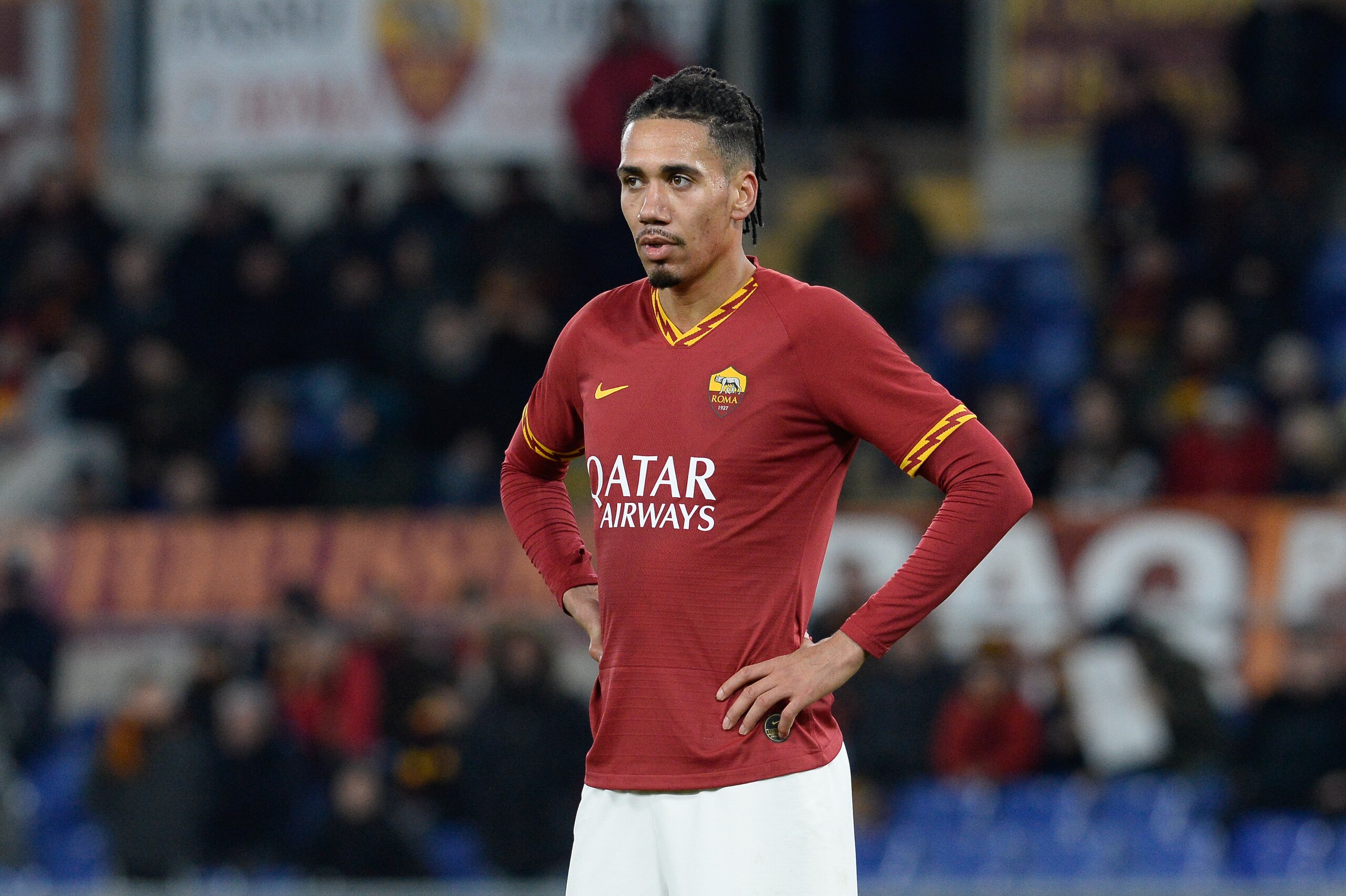 ROME, ITALY - FEBRUARY 07: Chris Smalling of AS Roma reacts during the Serie A match between AS Roma and  Bologna FC at Stadio Olimpico on February 07, 2020 in Rome, Italy. (Photo by Silvia Lore/Getty Images)
