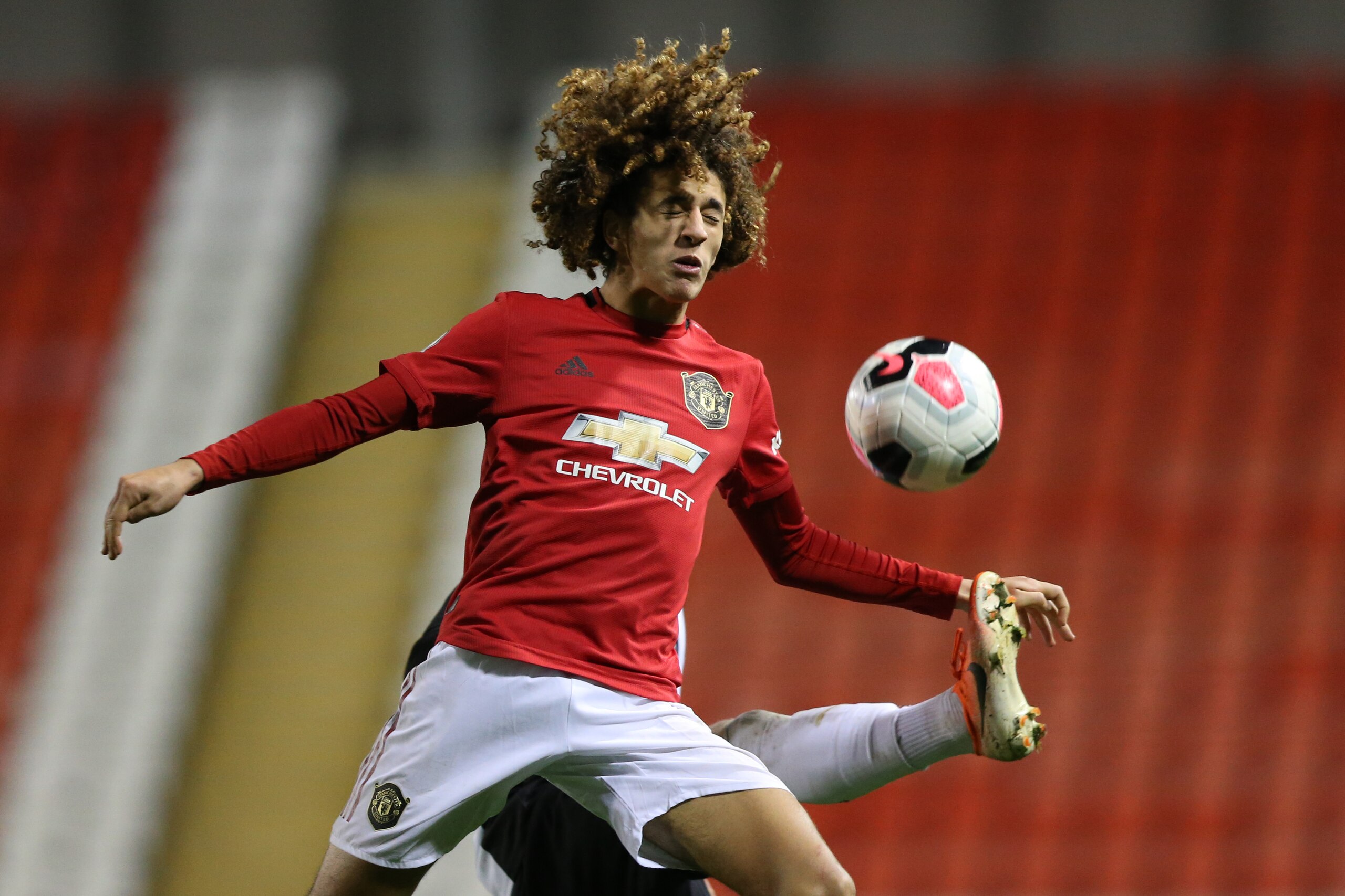 LEIGH, ENGLAND - JANUARY 10: Hannibal Mejbri of Manchester United on the ball during the Premier League 2 match between Manchester United and Newcastle United at Leigh Sports Village on January 10, 2020 in Leigh, England. (Photo by Charlotte Tattersall/Ge