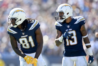 LOS ANGELES, CA - SEPTEMBER 23:  Mike Williams #81 and Keenan Allen #13 of the Los Angeles Chargers line up before the snap against the Los Angeles Rams at Los Angeles Memorial Coliseum on September 23, 2018 in Los Angeles, California.  (Photo by Harry Ho