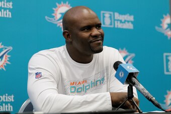 DAVIE, FLORIDA - DECEMBER 30: Head Coach Brian Flores of the Miami Dolphins answers questions from the media during a season ending press conference at Baptist Health Training Facility at Nova Southern University on December 30, 2019 in Davie, Florida. (P