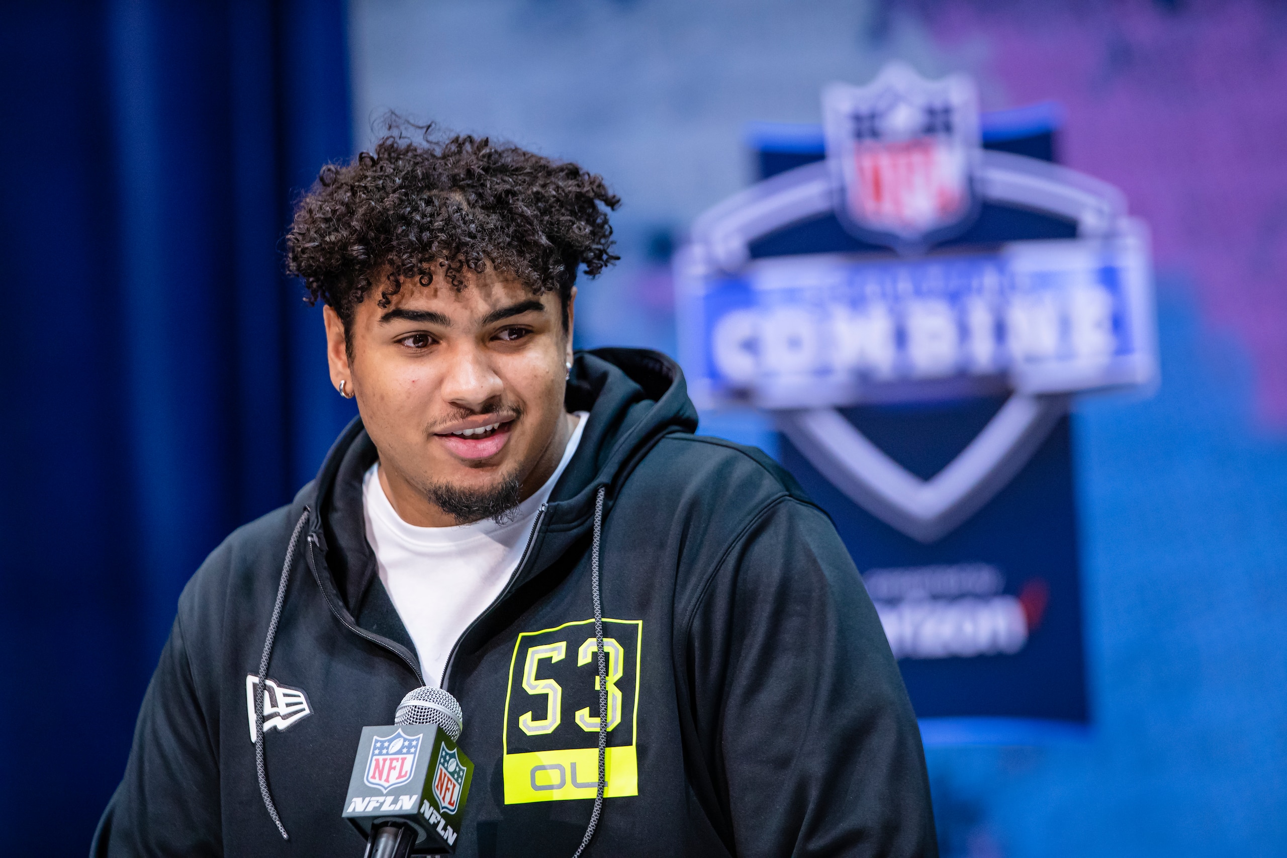 INDIANAPOLIS, IN - FEBRUARY 26: Tristan Wirfs #OL53 of the Iowa Hawkeyes speaks to the media at the Indiana Convention Center on February 26, 2020 in Indianapolis, Indiana. (Photo by Michael Hickey/Getty Images) *** Local caption *** Tristan Wirfs