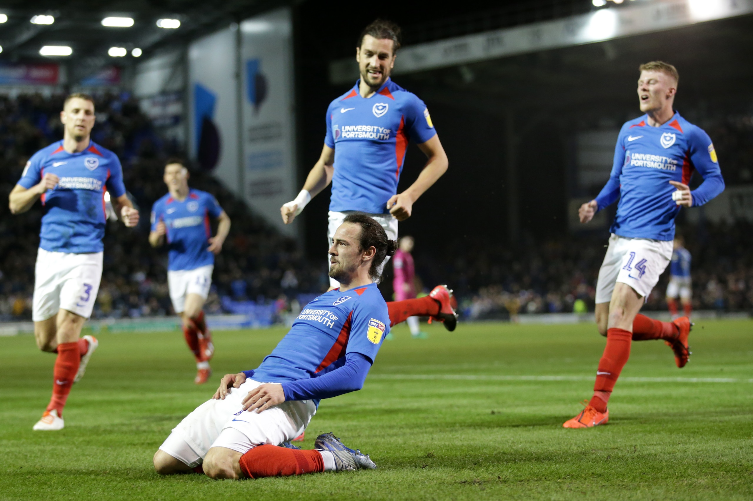 PORTSMOUTH, ENGLAND - FEBRUARY 28: Ryan Williams of Portsmouth FC celebrates after he scores a goal to make it 1-0 during the Sky Bet League One match between Portsmouth and Rochdale at Fratton Park on February 28, 2020 in Portsmouth, England. (Photo by R
