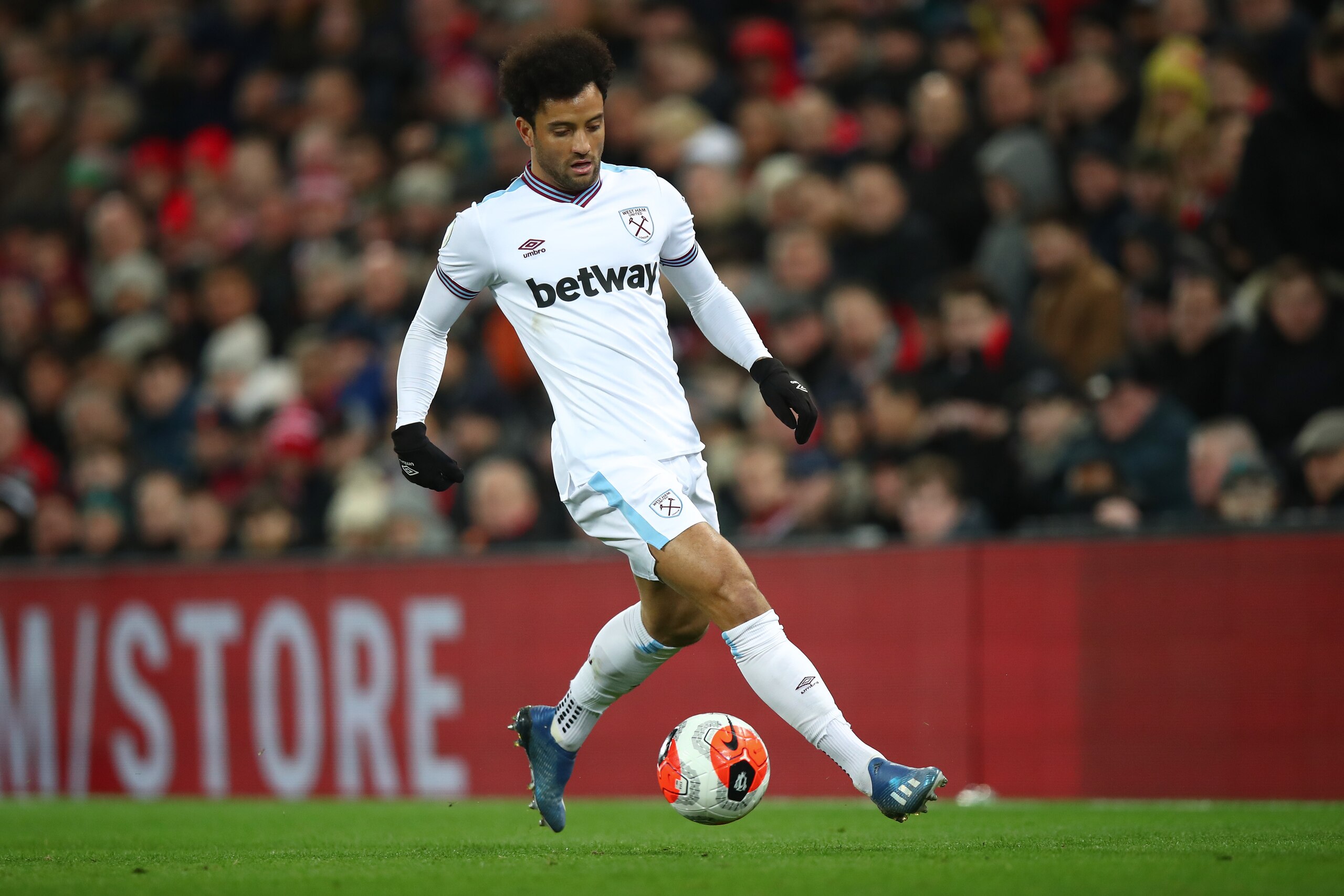 LIVERPOOL, ENGLAND - FEBRUARY 24: Felipe Anderson of West Ham United during the Premier League match between Liverpool FC and West Ham United at Anfield on February 24, 2020 in Liverpool, United Kingdom. (Photo by Robbie Jay Barratt - AMA/Getty Images)