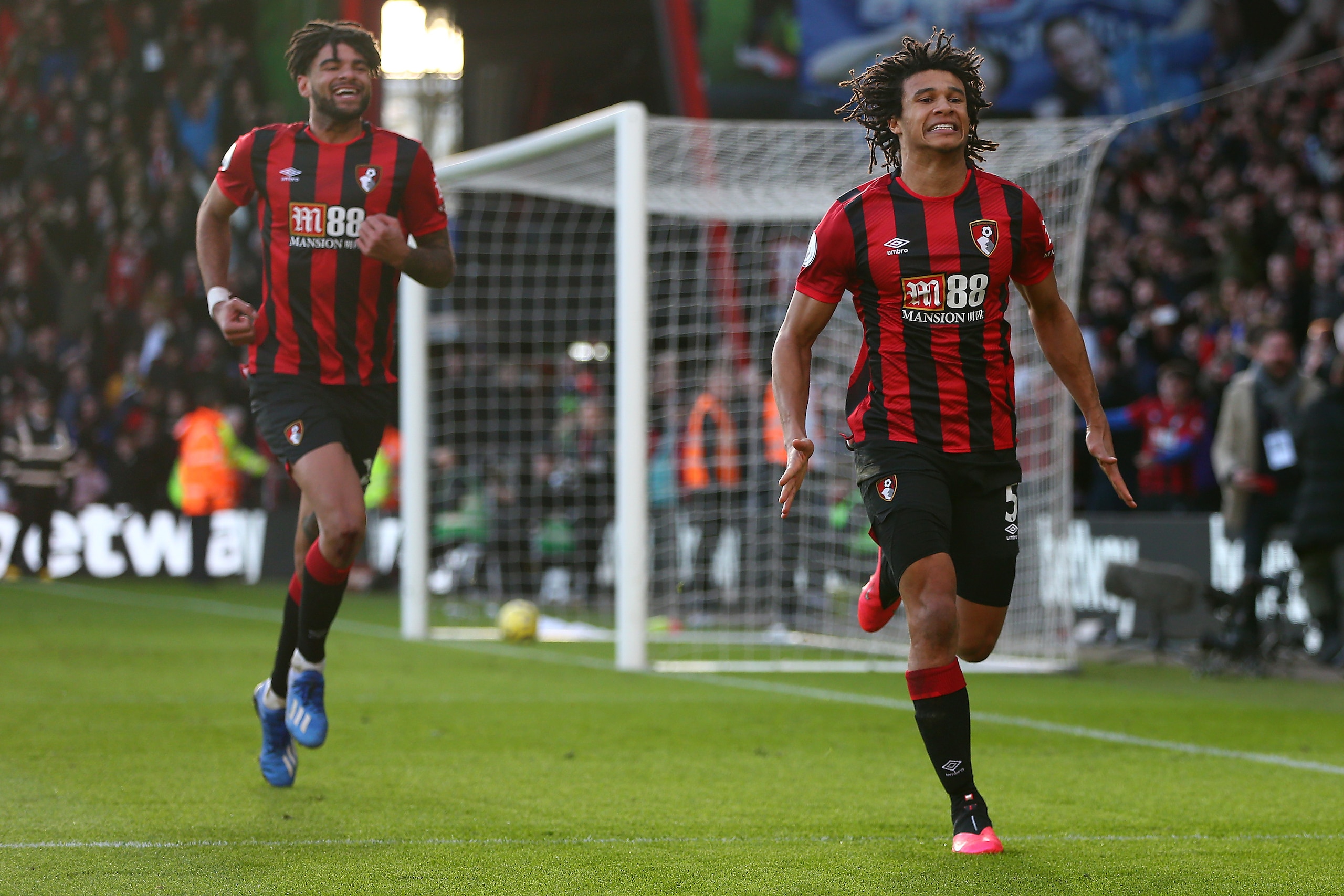 BOURNEMOUTH, ENGLAND - FEBRUARY 01: Nathan Ake of AFC Bournemouth celebrates after scoring his team's second goal during the Premier League match between AFC Bournemouth and Aston Villa at Vitality Stadium on February 01, 2020 in Bournemouth, United Kingd