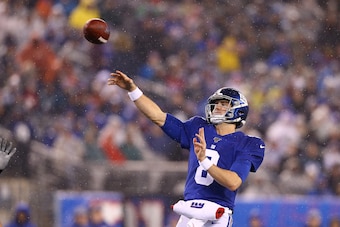EAST RUTHERFORD, NEW JERSEY - DECEMBER 29:  (NEW YORK DAILIES OUT) Daniel Jones #8 of the New York Giants in action against the Philadelphia Eagles at MetLife Stadium on December 29, 2019 in East Rutherford, New Jersey. Philadelphia Eagles defeated the Ne