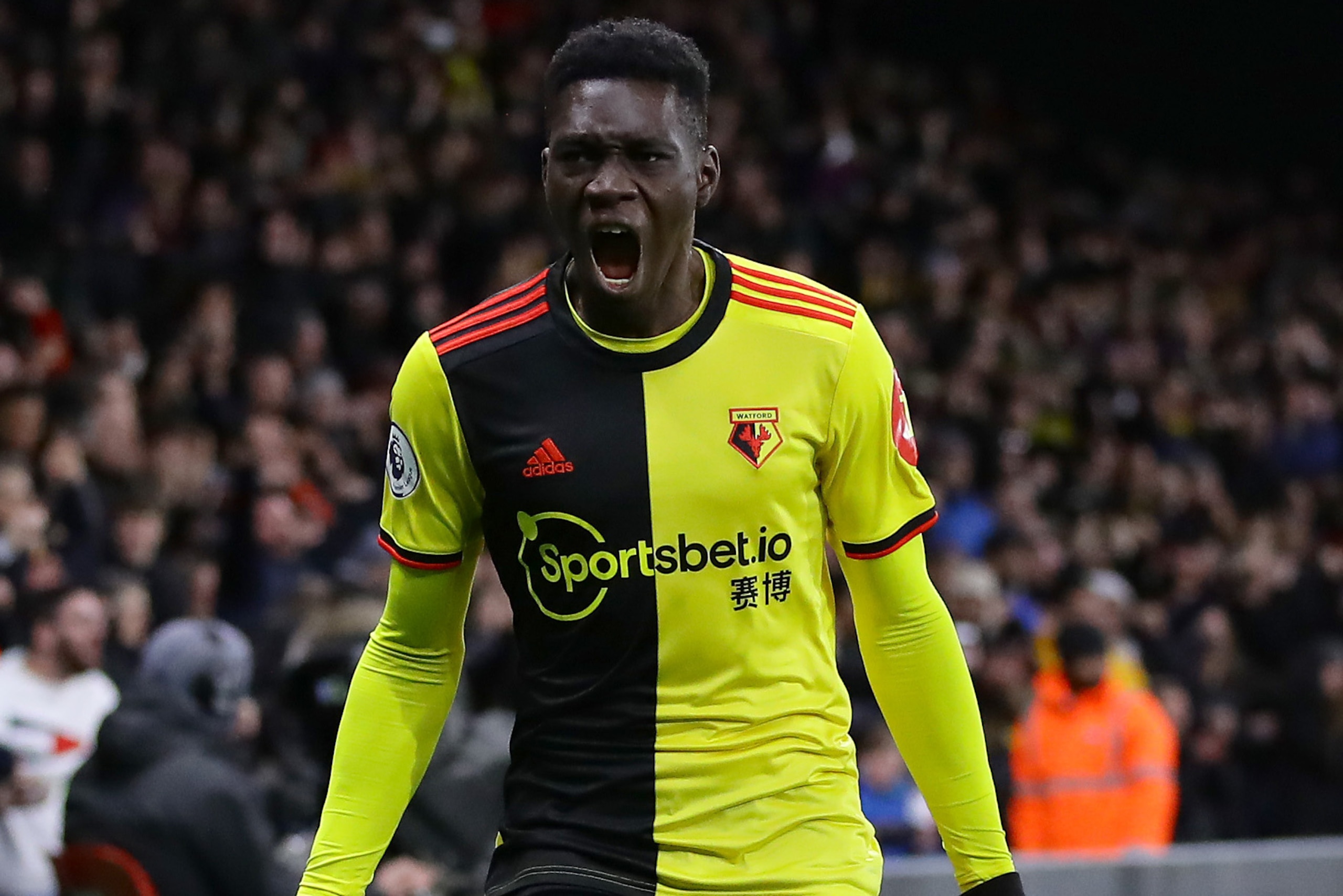 WATFORD, ENGLAND - FEBRUARY 29: Ismaila Sarr of Watford celebrates after scoring his team's first goal during the Premier League match between Watford FC and Liverpool FC at Vicarage Road on February 29, 2020 in Watford, United Kingdom. (Photo by Richard 