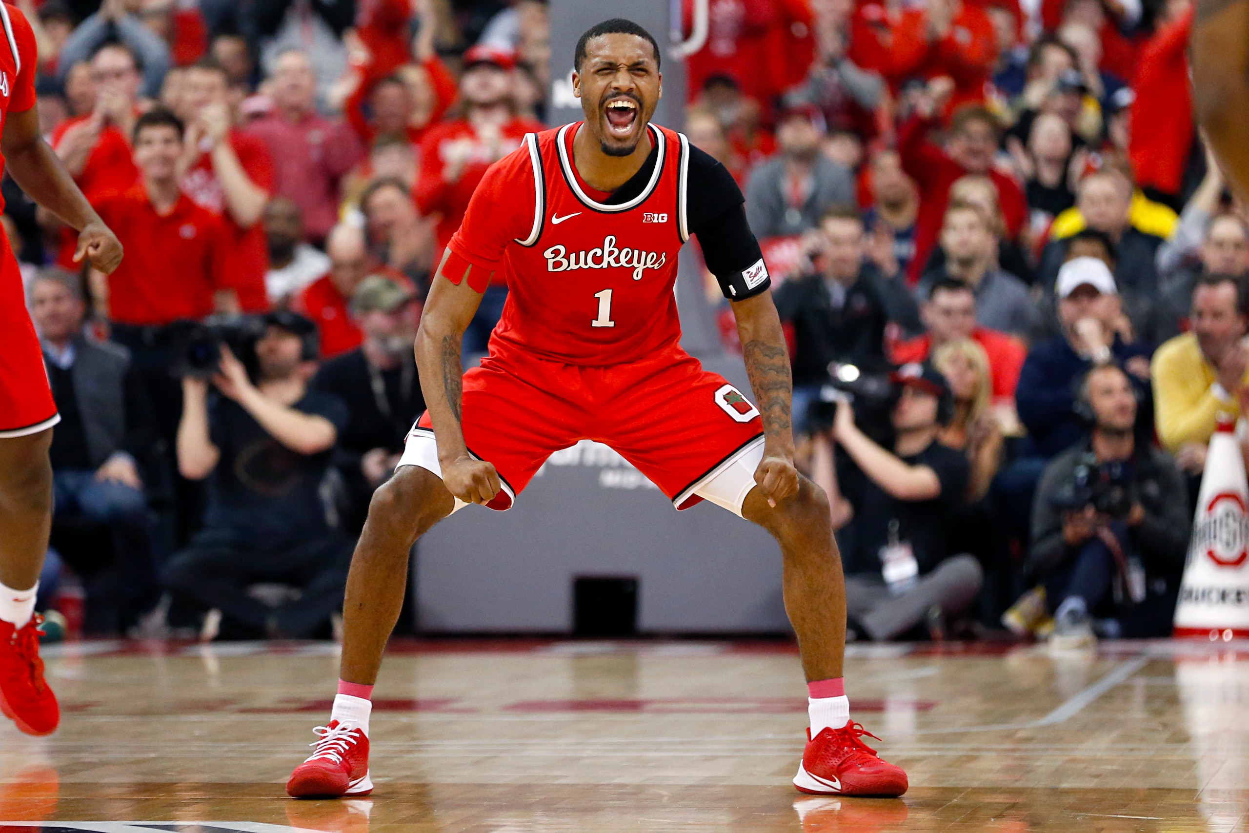 COLUMBUS, OHIO - MARCH 01: Luther Muhammad #1 of the Ohio State Buckeyes celebrates after a play in the game against the Michigan Wolverines during the second half at Value City Arena on March 01, 2020 in Columbus, Ohio. (Photo by Justin Casterline/Getty 