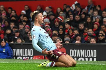 MANCHESTER, ENGLAND - DECEMBER 01: Jack Grealish of Aston Villa celebrates after he scores his sides first goal during the Premier League match between Manchester United and Aston Villa at Old Trafford on December 01, 2019 in Manchester, United Kingdom. (