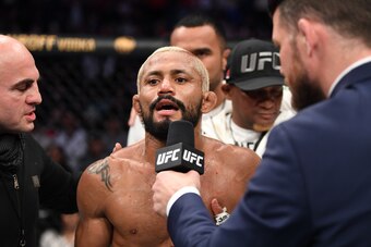 NORFOLK, VA - FEBRUARY 29:  Deiveson Figueiredo is interviewed after defeating Joseph Benavidez in their flyweight championship bout during the UFC Fight Night event at Chartway Arena on February 29, 2020 in Norfolk, Virginia. (Photo by Josh Hedges/Zuffa 