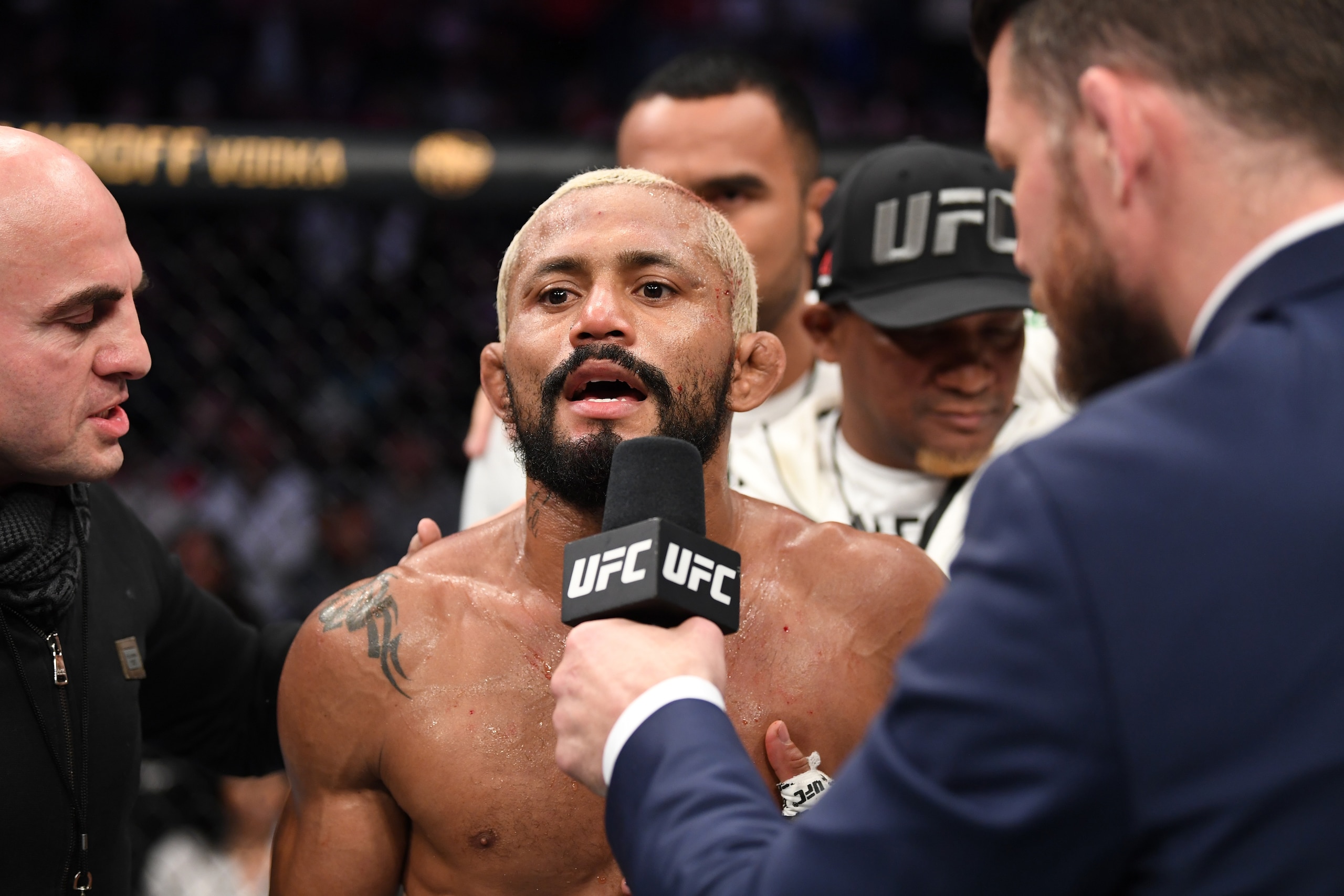 NORFOLK, VA - FEBRUARY 29:  Deiveson Figueiredo is interviewed after defeating Joseph Benavidez in their flyweight championship bout during the UFC Fight Night event at Chartway Arena on February 29, 2020 in Norfolk, Virginia. (Photo by Josh Hedges/Zuffa 