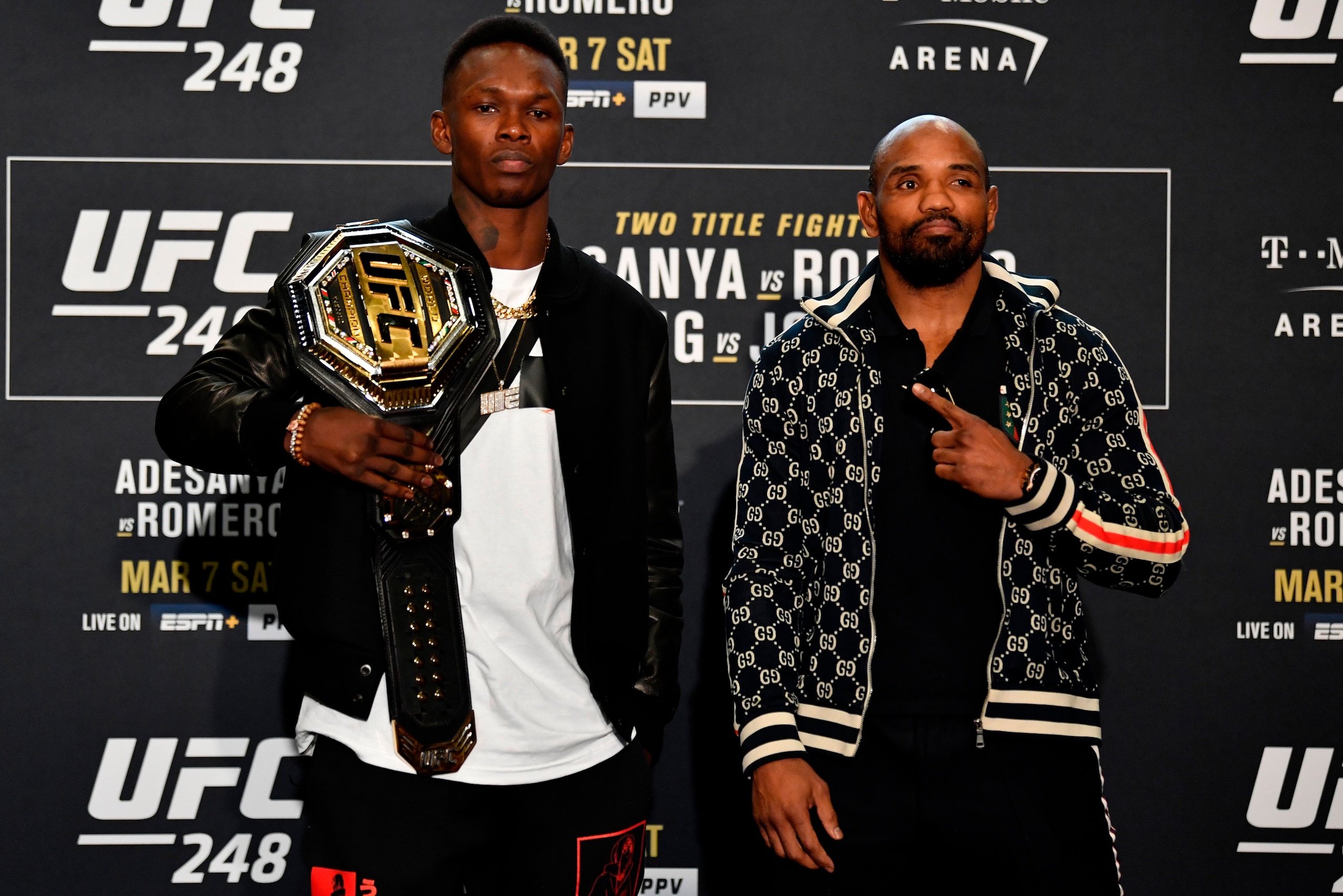 LAS VEGAS, NV - MARCH 05:  (L-R) UFC middleweight champion Israel Adesanya of Nigeria-New Zealand and Yoel Romero of Cuba pose for media during the UFC 248 Ultimate Media Day at UFC APEX on March 5, 2020 in Las Vegas, Nevada. (Photo by Jeff Bottari/Zuffa 