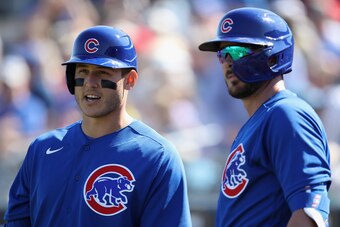 PEORIA, ARIZONA - FEBRUARY 24: Anthony Rizzo #44 and Kris Bryant #17 of the Chicago Cubs during the MLB spring training game against the Seattle Mariners at Peoria Stadium on February 24, 2020 in Peoria, Arizona. (Photo by Christian Petersen/Getty Images)