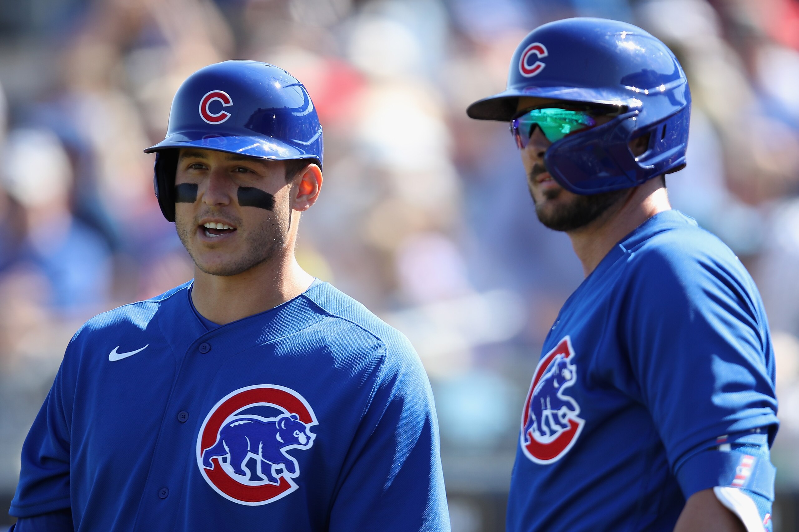PEORIA, ARIZONA - FEBRUARY 24: Anthony Rizzo #44 and Kris Bryant #17 of the Chicago Cubs during the MLB spring training game against the Seattle Mariners at Peoria Stadium on February 24, 2020 in Peoria, Arizona. (Photo by Christian Petersen/Getty Images)