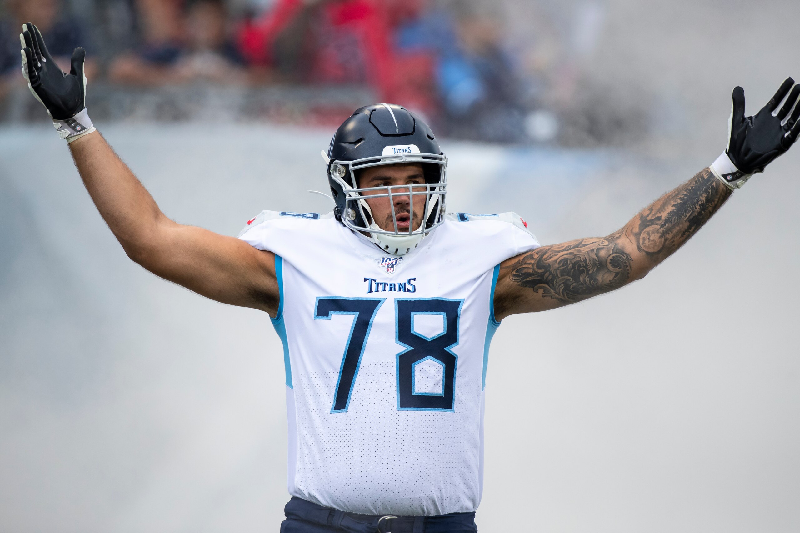 NASHVILLE, TN - OCTOBER 06:  Jack Conklin #78 of the Tennessee Titans runs onto the field before the game against the Buffalo Bills at Nissan Stadium on October 6, 2019 in Nashville, Tennessee. Buffalo defeats Tennessee 14-7.  (Photo by Brett Carlsen/Gett