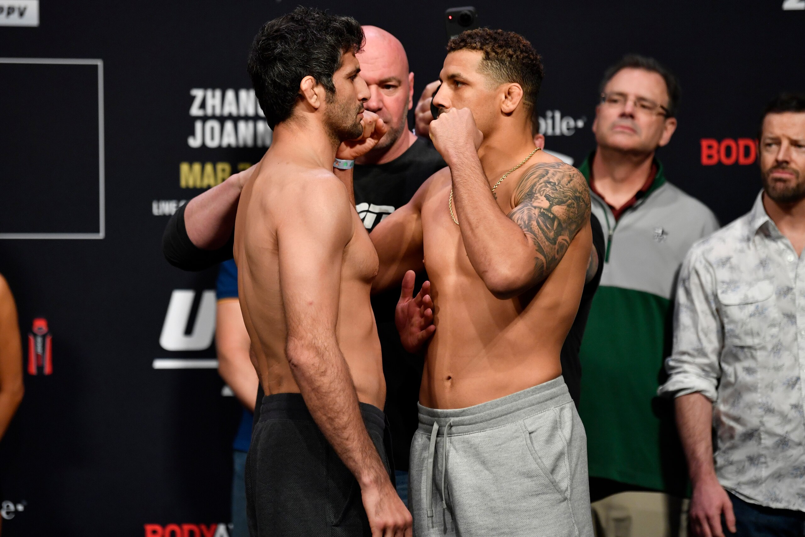 LAS VEGAS, NEVADA - MARCH 06: (L-R) Opponents Beneil Dariush and Drakkar Klose face off during the UFC 248 weigh-in at T-Mobile Arena on March 06, 2020 in Las Vegas, Nevada. (Photo by Jeff Bottari/Zuffa LLC)
