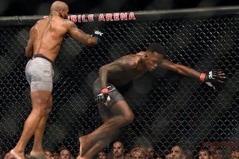 LAS VEGAS, NEVADA - MARCH 07:  Israel Adesanya avoids Yoel Romero, in a Adesanya decision win to retain the middleweight title at T-Mobile Arena on March 07, 2020 in Las Vegas, Nevada. (Photo by Harry How/Getty Images)