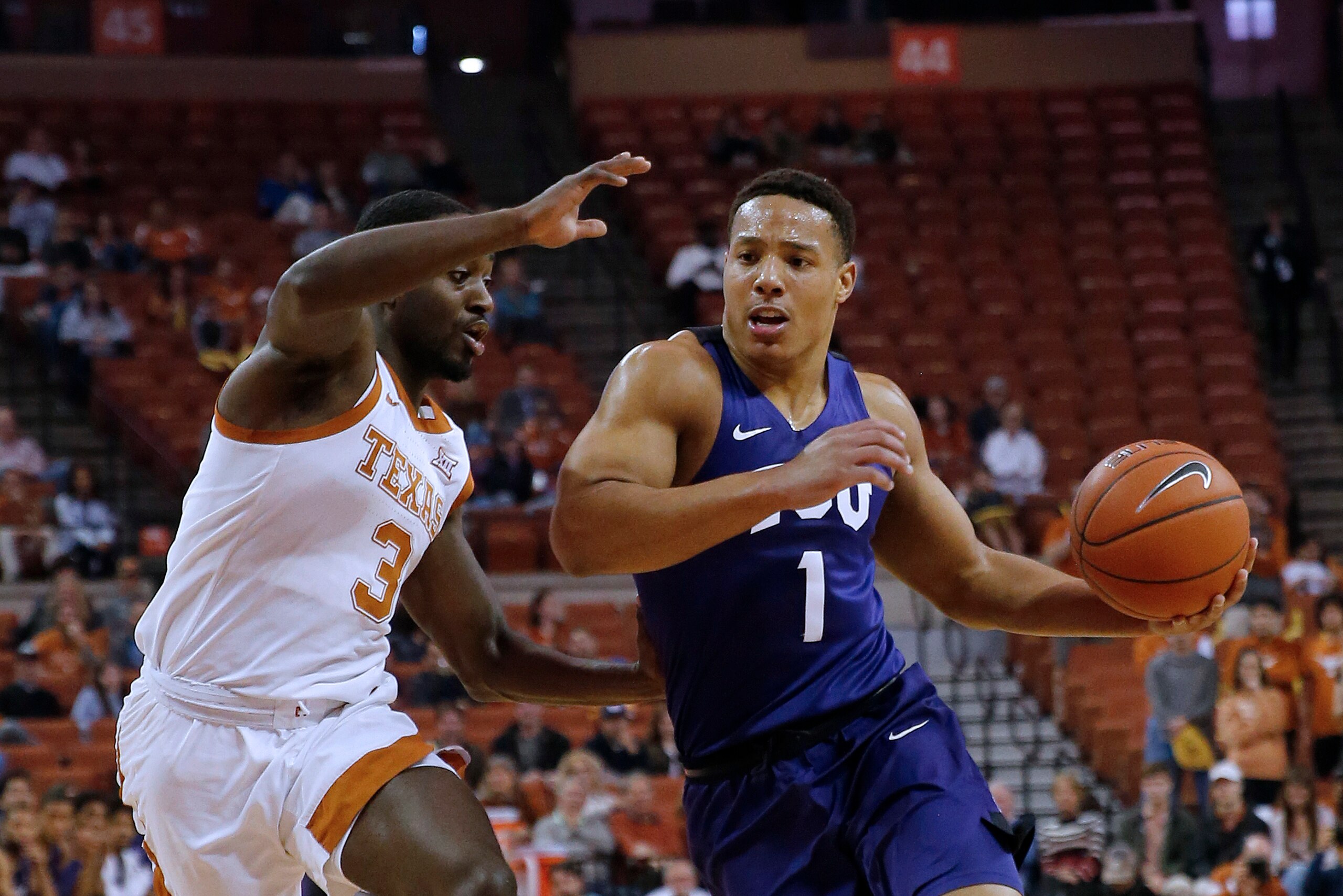 AUSTIN, TEXAS - FEBRUARY 19: Desmond Bane #1 of the TCU Horned Frogs drives around Courtney Ramey #3 of the Texas Longhorns at The Frank Erwin Center on February 19, 2020 in Austin, Texas. (Photo by Chris Covatta/Getty Images) AUSTIN, TEXAS - FEBRUARY 19: Desmond Bane #1 of the TCU Horned Frogs drives around Courtney Ramey #3 of the Texas Longhorns at The Frank Erwin Center on February 19, 2020 in Austin, Texas. (Photo by Chris Covatta/Getty Images)