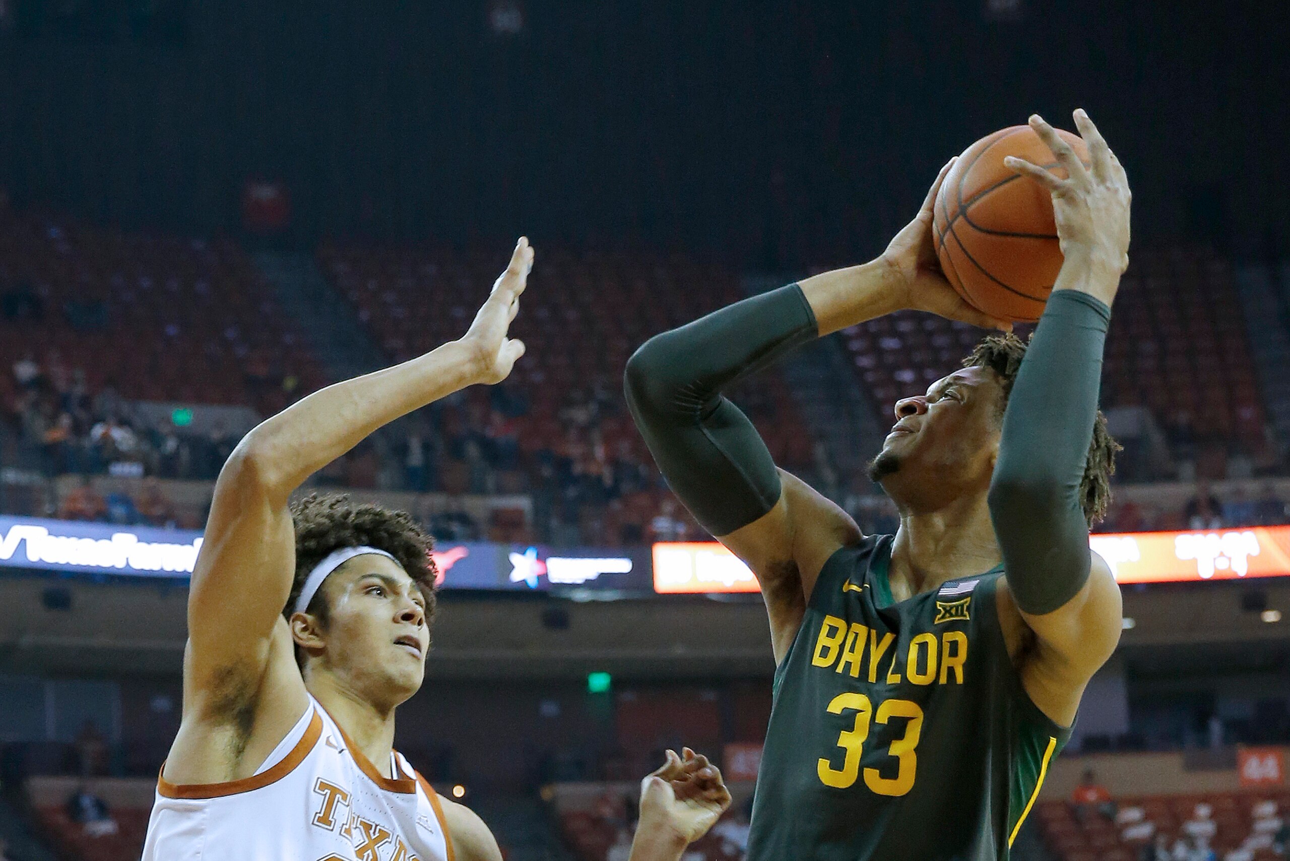 AUSTIN, TEXAS - FEBRUARY 10: Freddie Gillespie #33 of the Baylor Bears shoots over Jericho Sims #20 of the Texas Longhorns at The Frank Erwin Center on February 10, 2020 in Austin, Texas. (Photo by Chris Covatta/Getty Images)