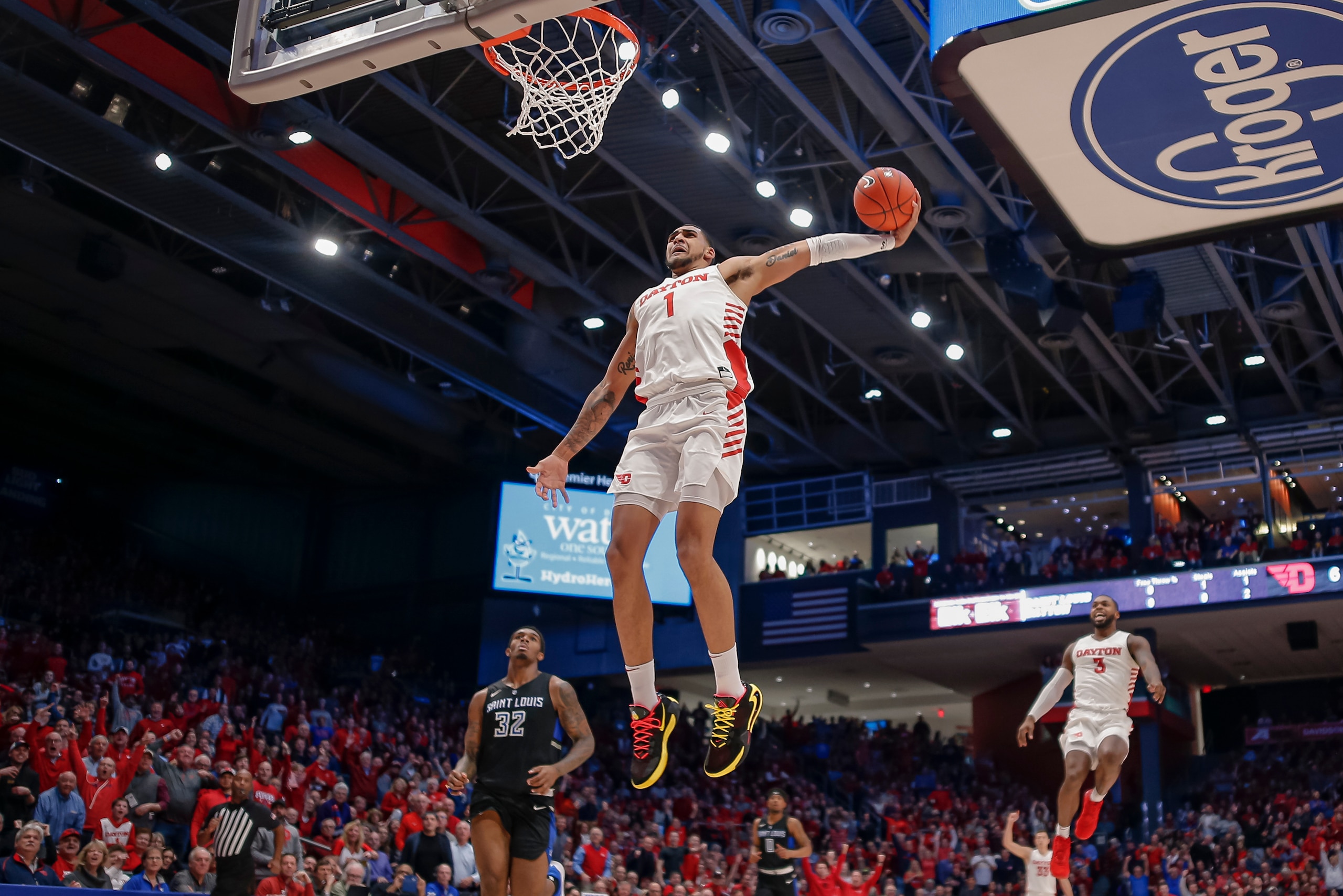 DAYTON, OH - FEBRUARY 08: Obi Toppin #1 of the Dayton Flyers goes up for a dunk during the first half against the Saint Louis Billikens at UD Arena on February 8, 2020 in Dayton, Ohio. (Photo by Michael Hickey/Getty Images)